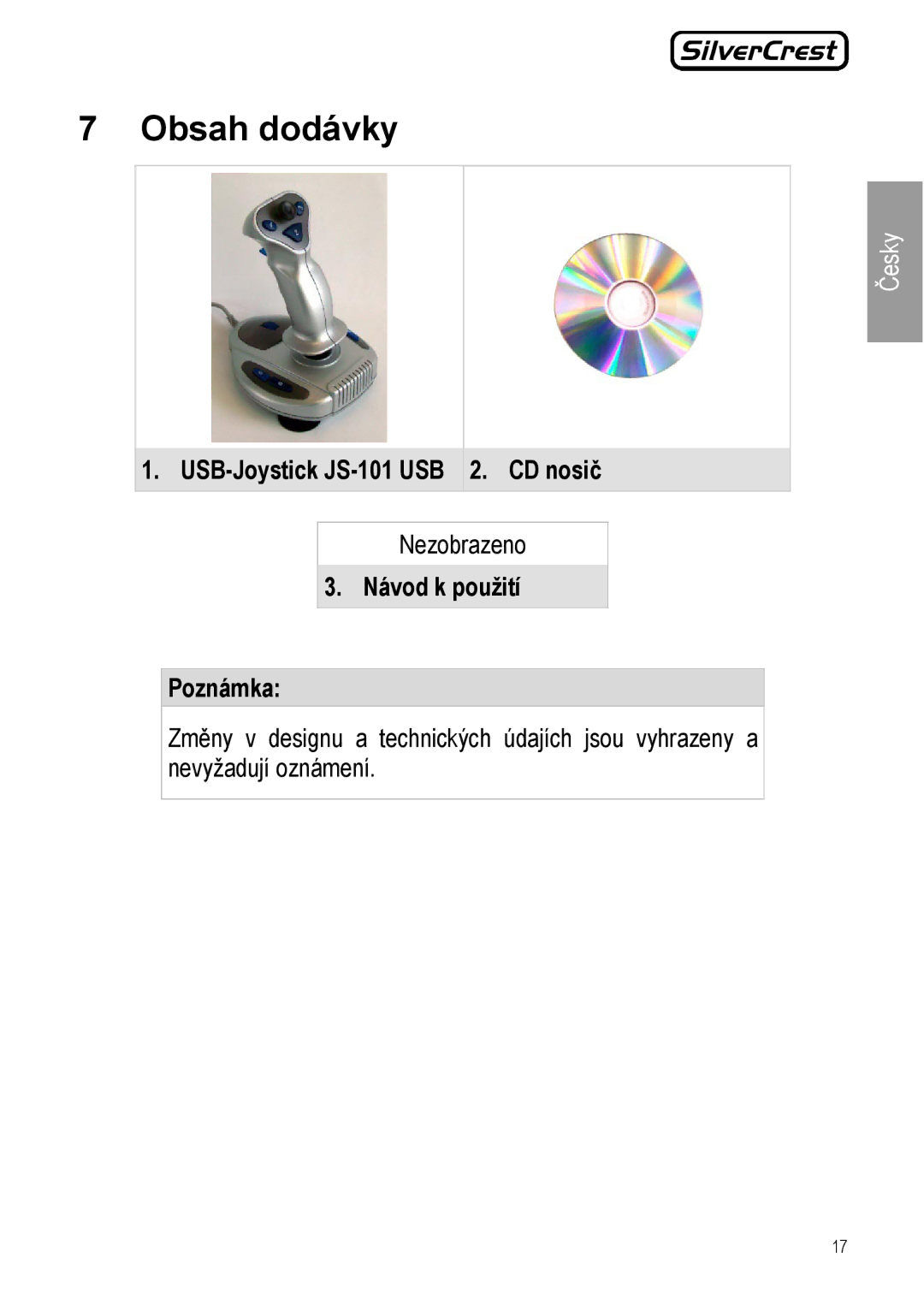 Silvercrest manual Obsah dodávky, USB-Joystick JS-101 USB 2. CD nosič, Návod k použití Poznámka 