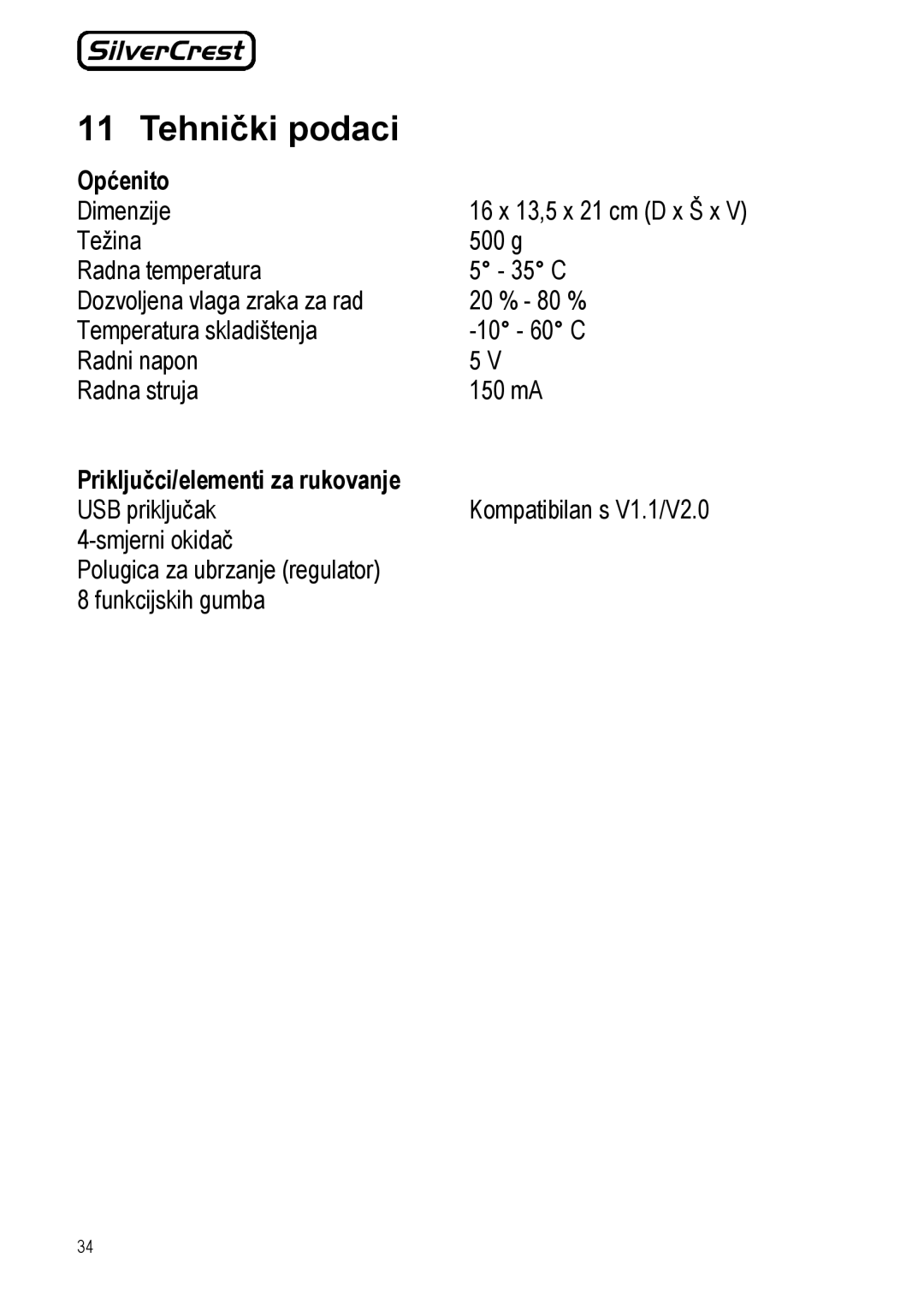 Silvercrest JS-101 manual Tehnički podaci, Općenito, Priključci/elementi za rukovanje 