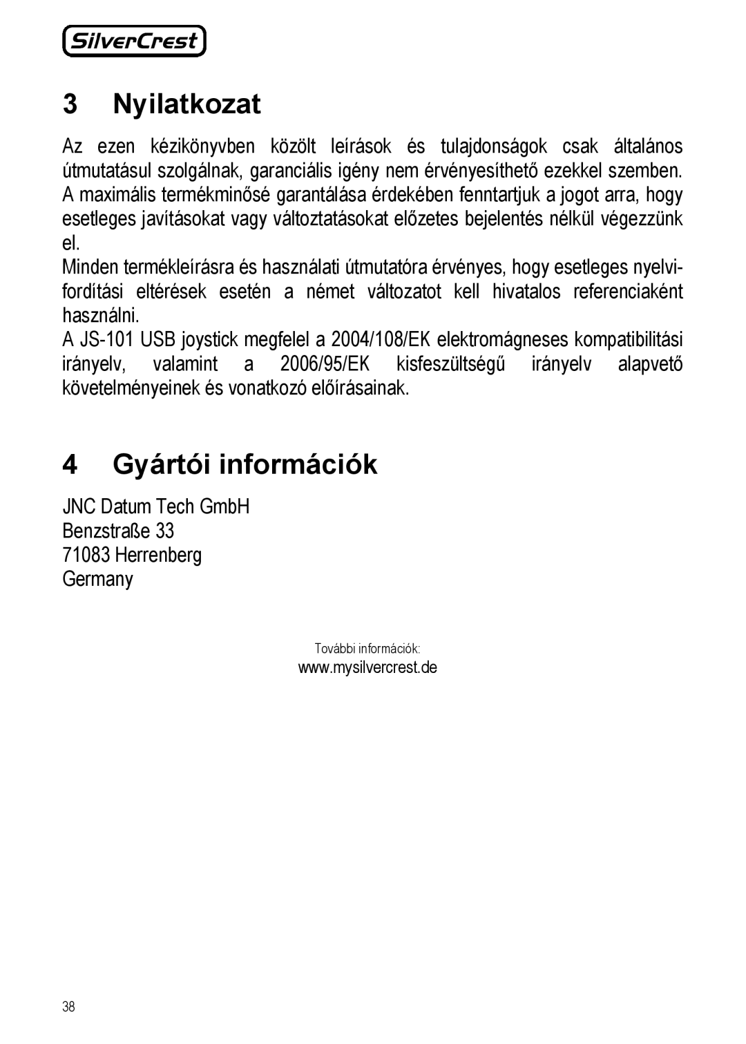 Silvercrest JS-101 manual Nyilatkozat, Gyártói információk 