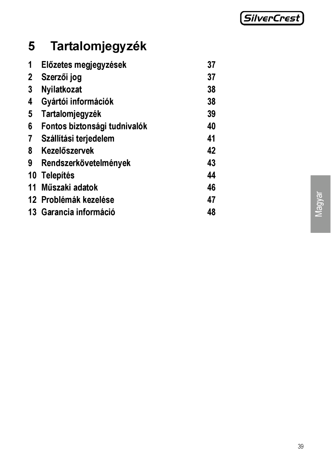 Silvercrest JS-101 manual Tartalomjegyzék 