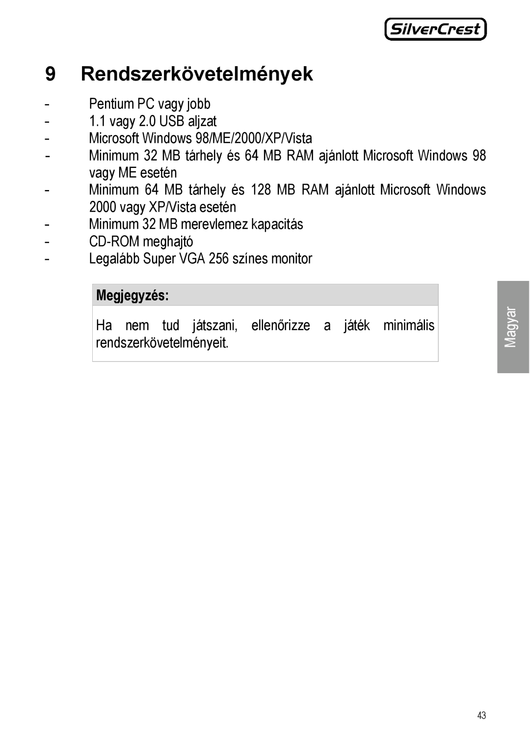 Silvercrest JS-101 manual Rendszerkövetelmények 