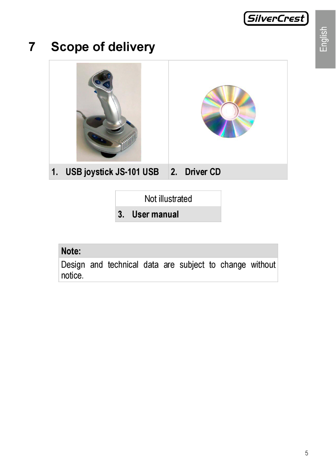 Silvercrest manual Scope of delivery, USB joystick JS-101 USB Driver CD 