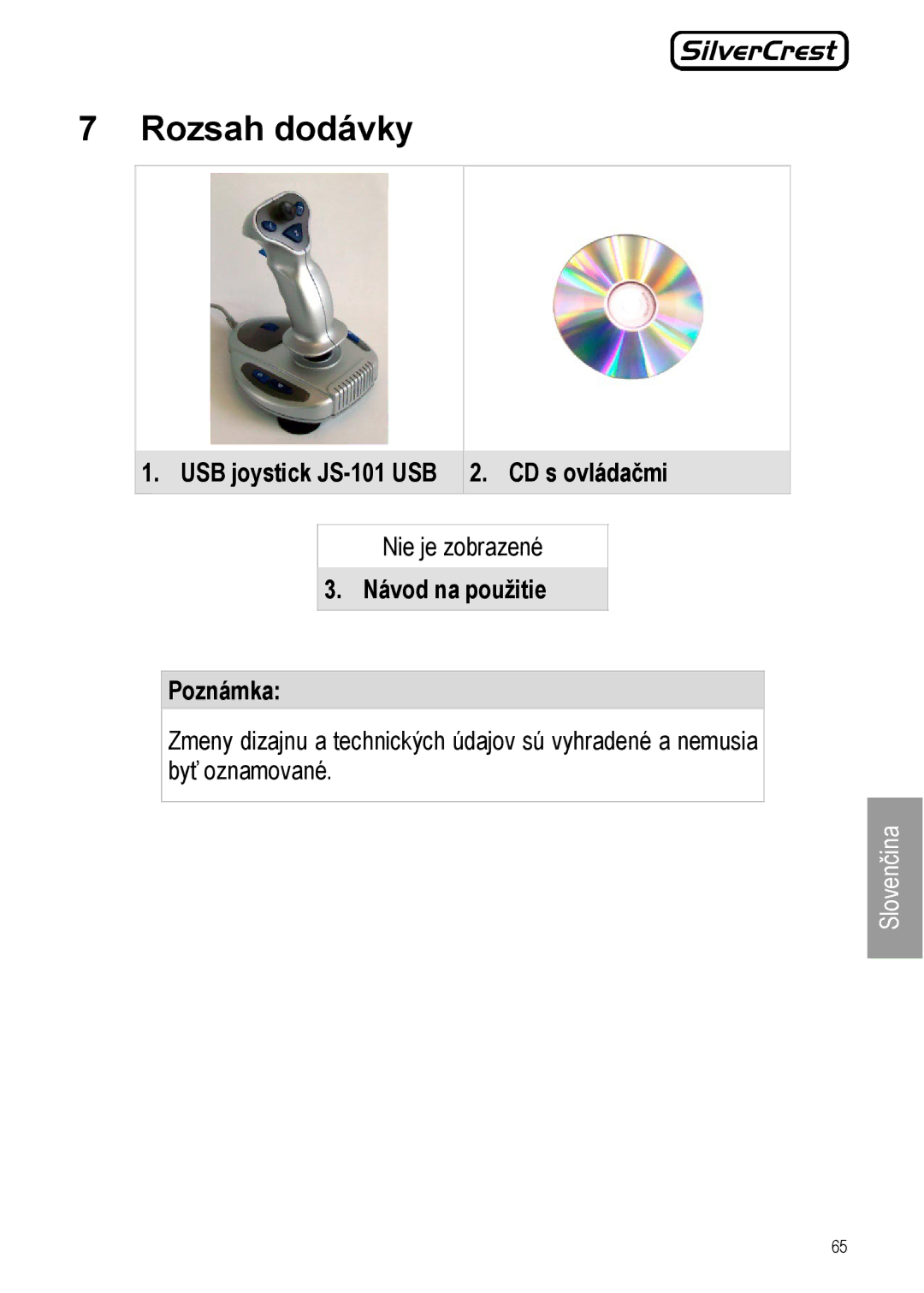 Silvercrest manual Rozsah dodávky, USB joystick JS-101 USB CD s ovládačmi, Návod na použitie Poznámka 