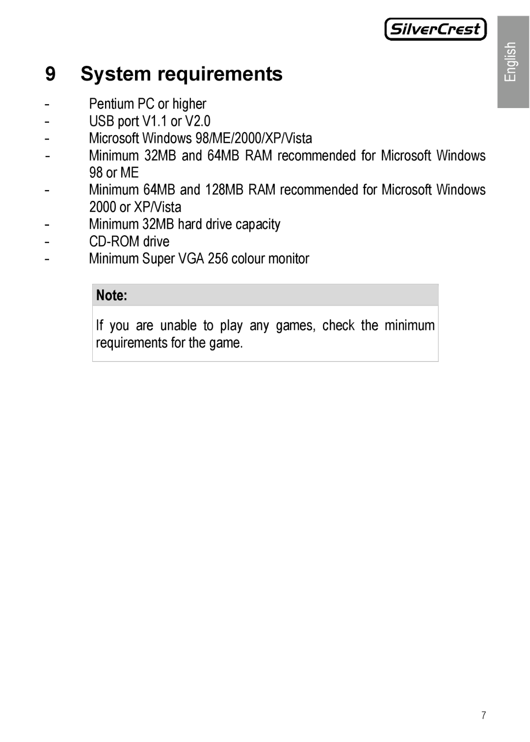 Silvercrest JS-101 manual System requirements 