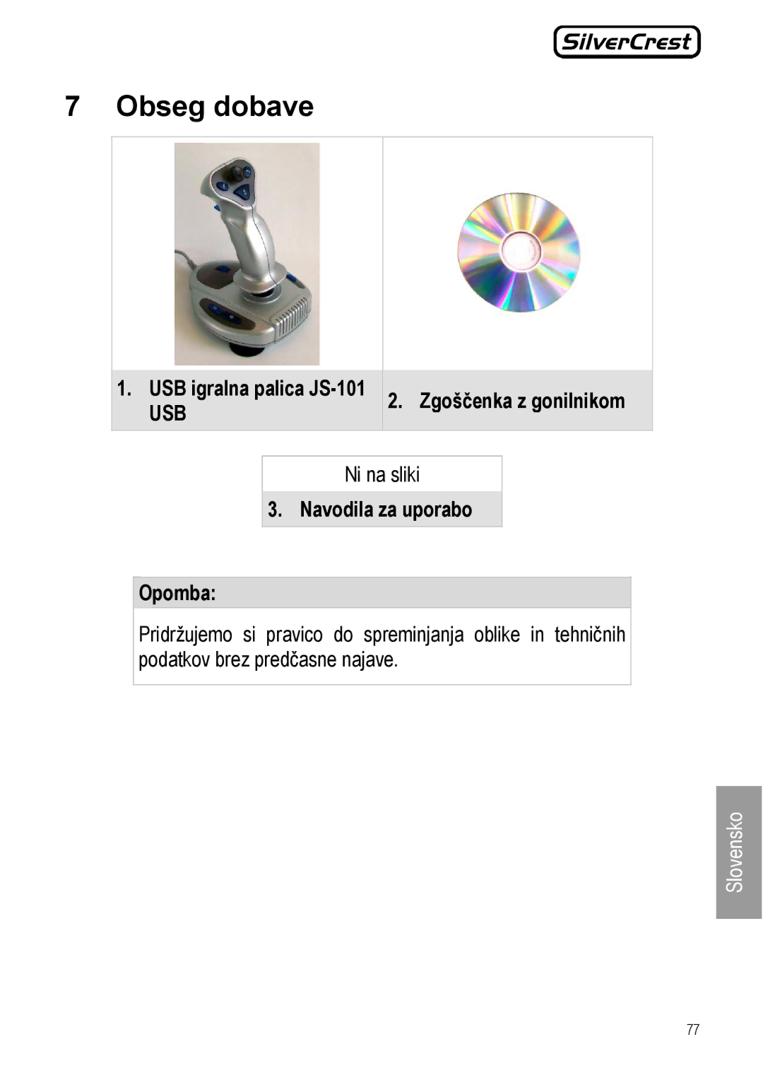 Silvercrest manual Obseg dobave, USB igralna palica JS-101, Zgoščenka z gonilnikom, Navodila za uporabo Opomba 