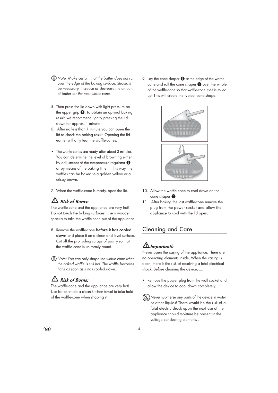 Silvercrest KH 1123 manual Cleaning and Care, Risk of Burns, When the waffle-cone is ready, open the lid 