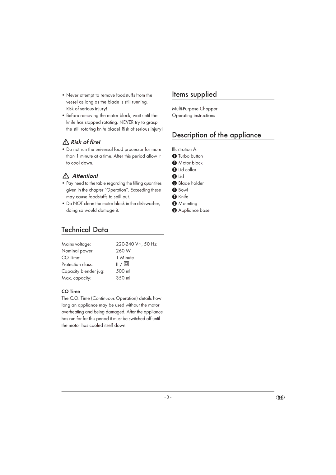 Silvercrest KH 1161 operating instructions Items supplied, Description of the appliance, Technical Data, Risk of fire 