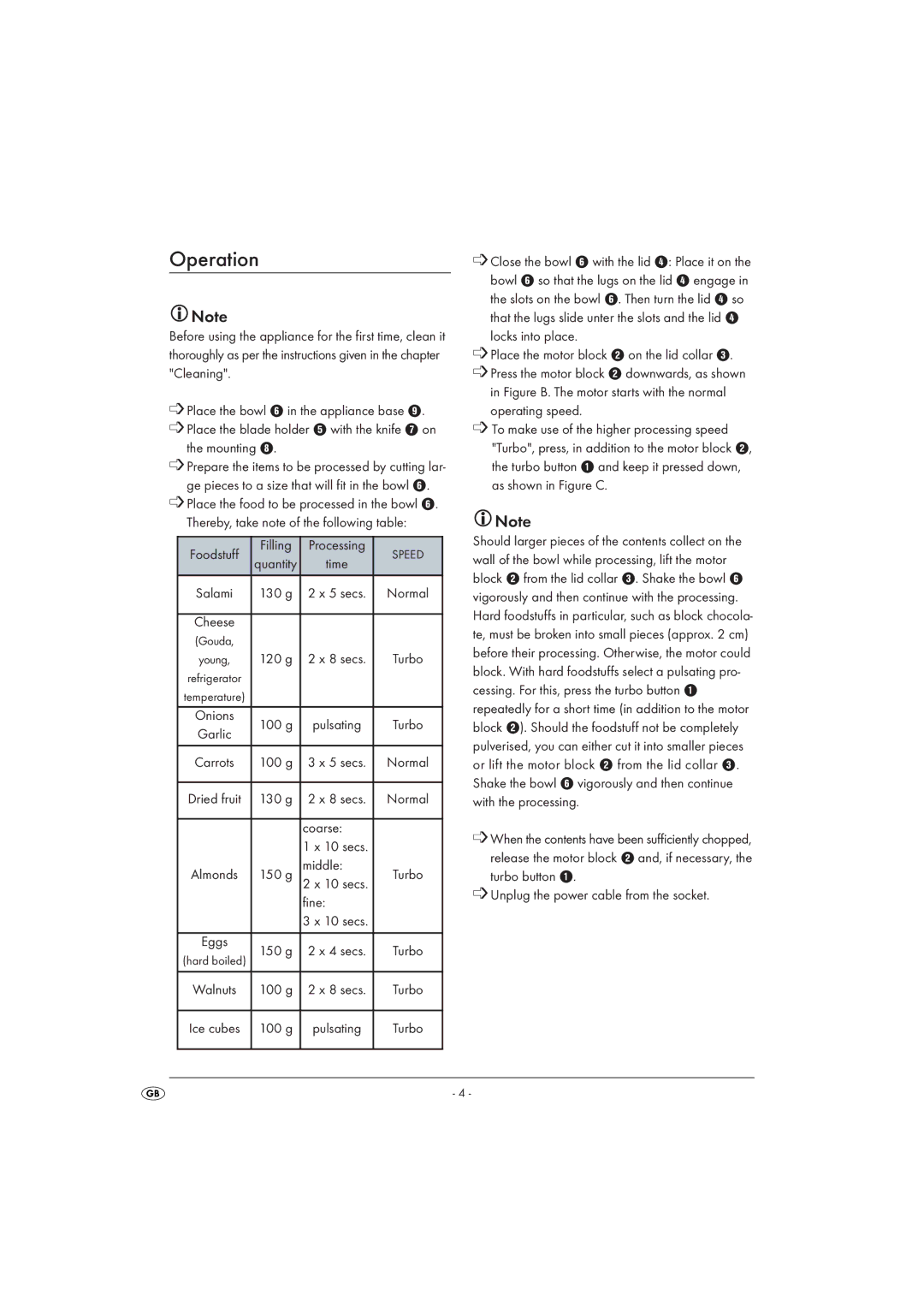 Silvercrest KH 1161 operating instructions Operation, Foodstuff Filling, Coarse, Middle, Fine 