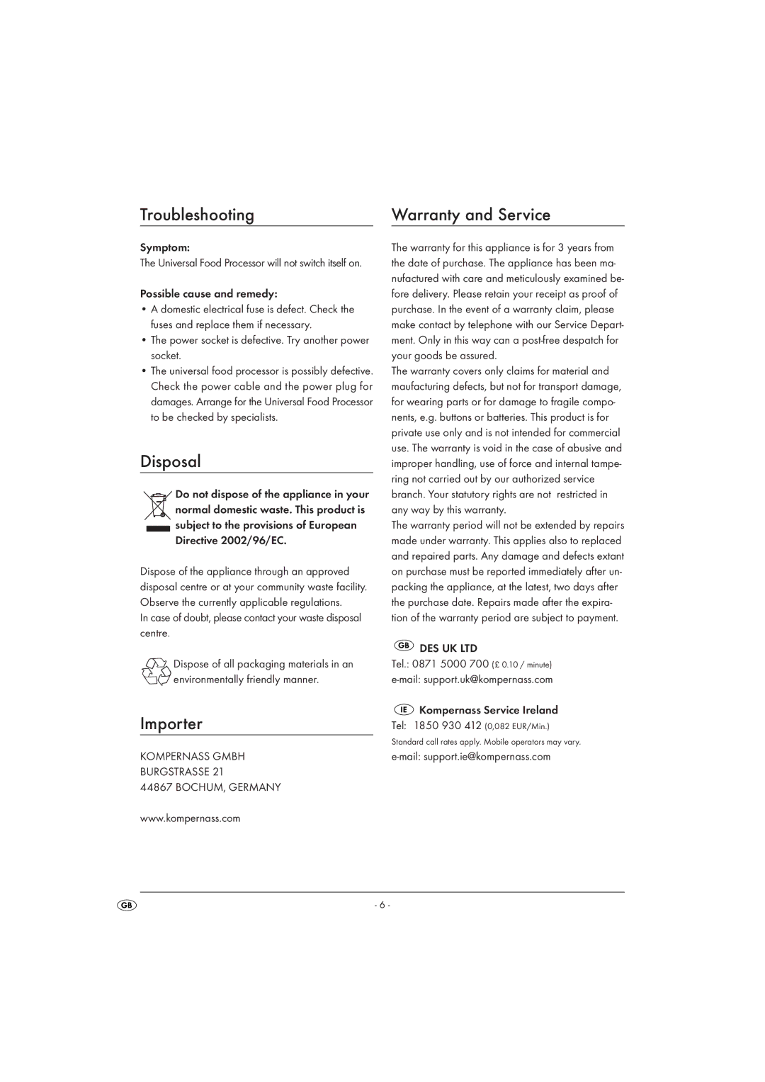 Silvercrest KH 1161 operating instructions Troubleshooting, Disposal, Importer, Warranty and Service 