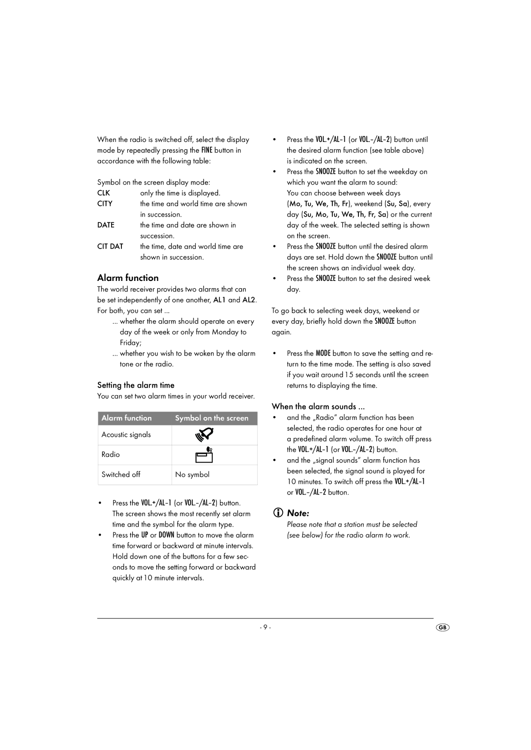 Silvercrest KH 2029 manual Alarm function, Setting the alarm time, When the alarm sounds 