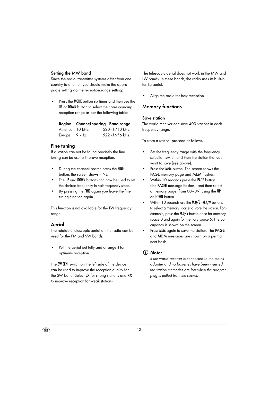 Silvercrest KH 2029 manual Fine tuning, Aerial, Memory functions, Setting the MW band, Save station 