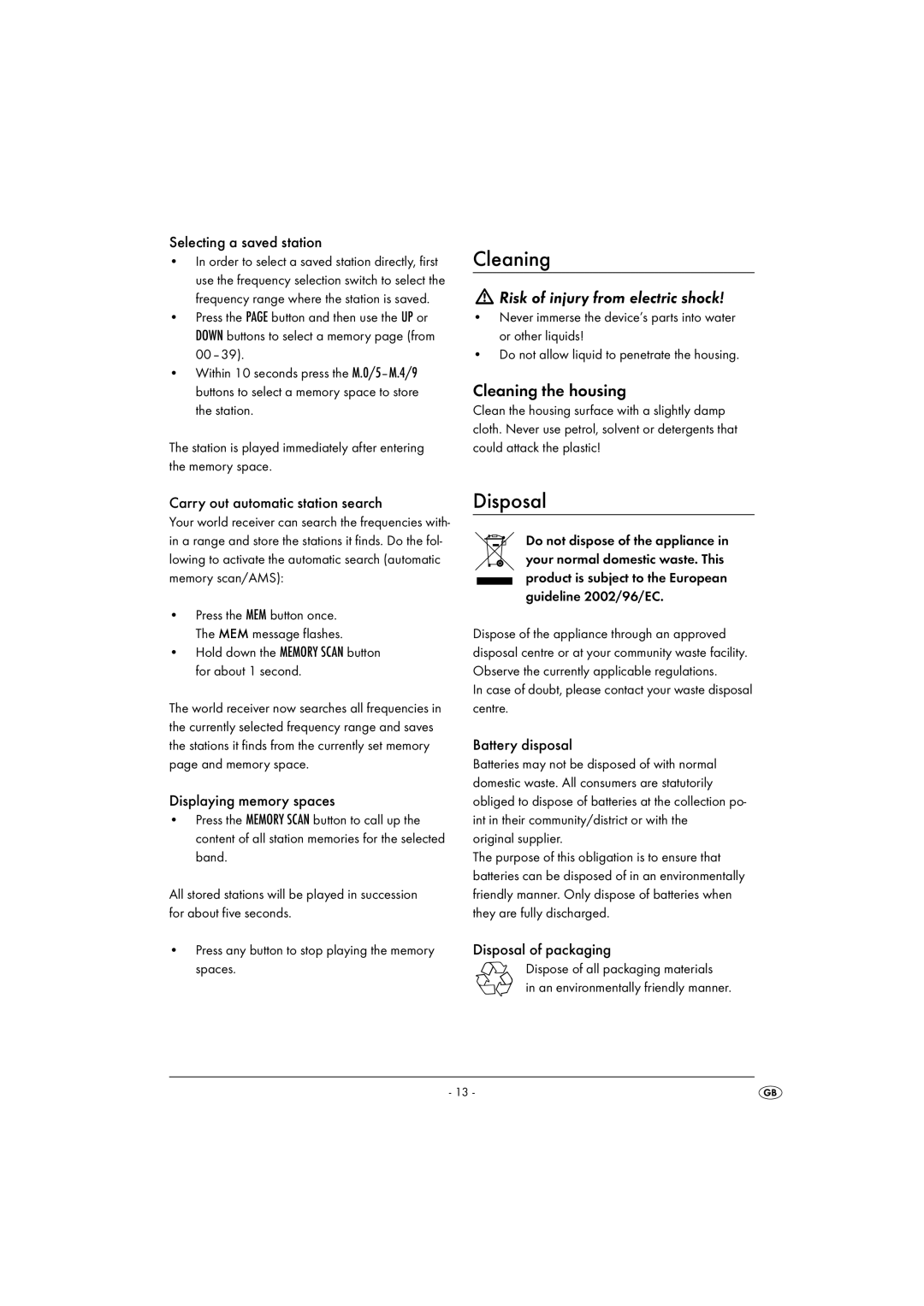 Silvercrest KH 2029 manual Disposal, Risk of injury from electric shock, Cleaning the housing 