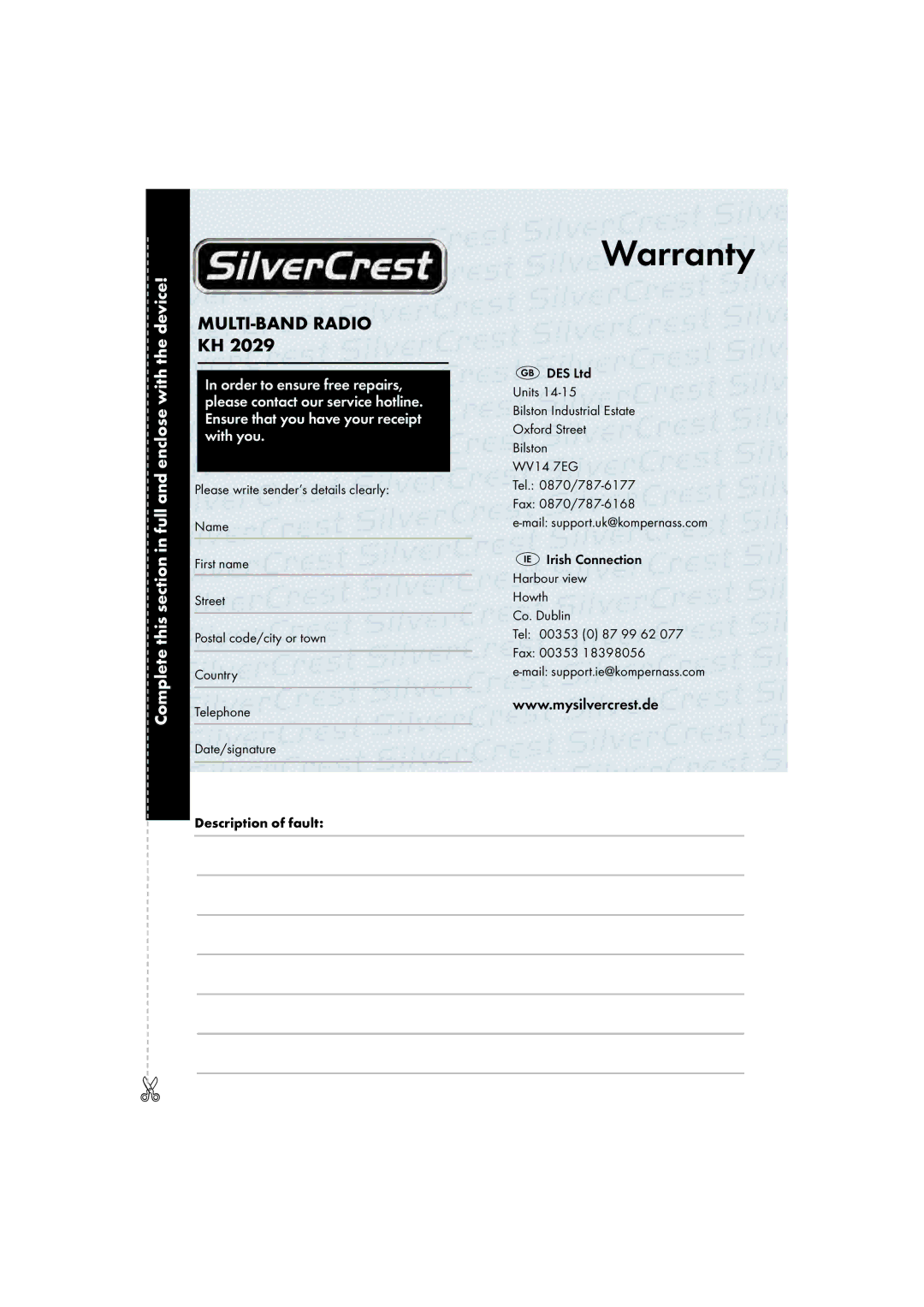 Silvercrest KH 2029 manual Warranty 