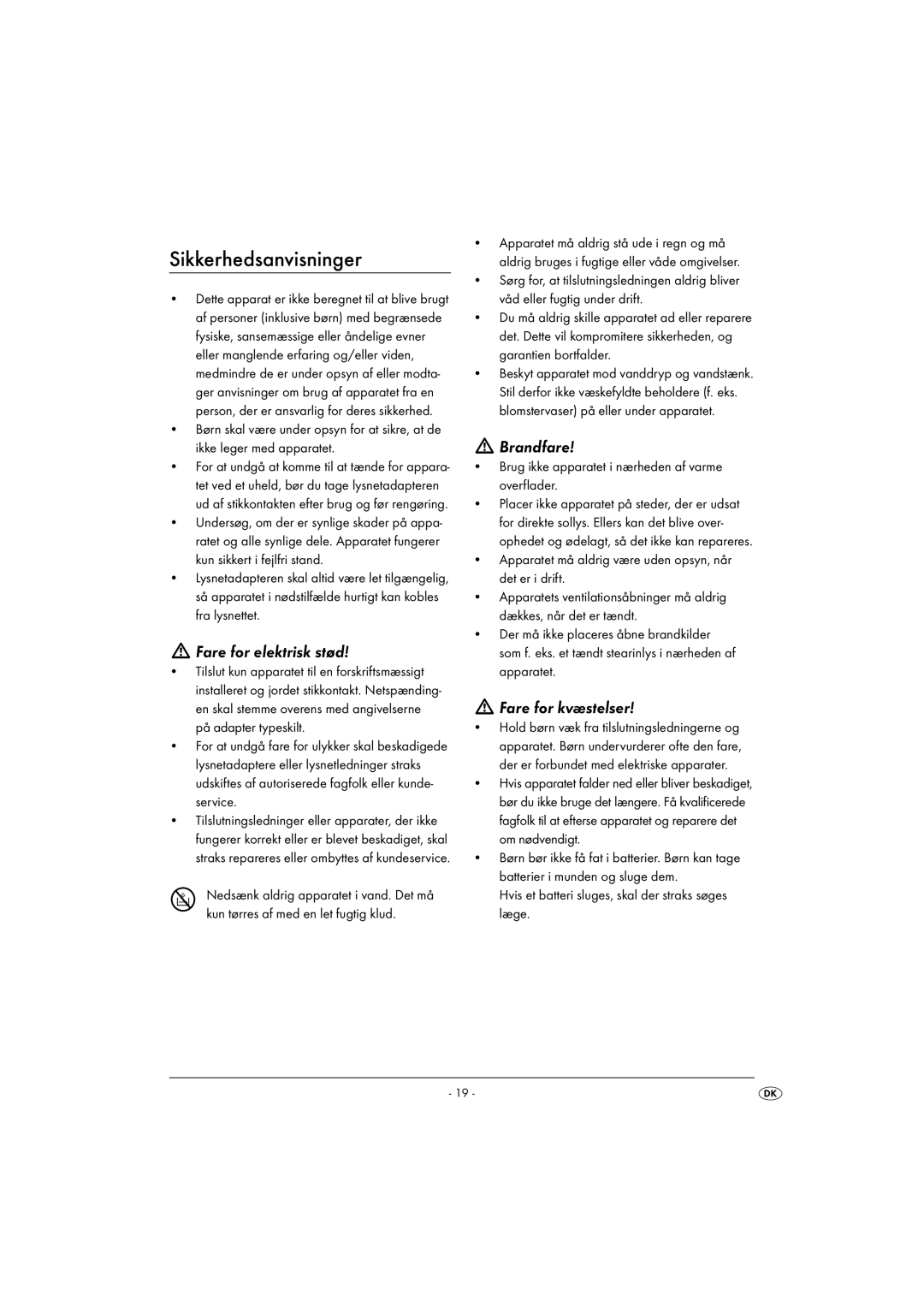 Silvercrest KH 2029 manual Sikkerhedsanvisninger, Fare for elektrisk stød, Brandfare, Fare for kvæstelser 