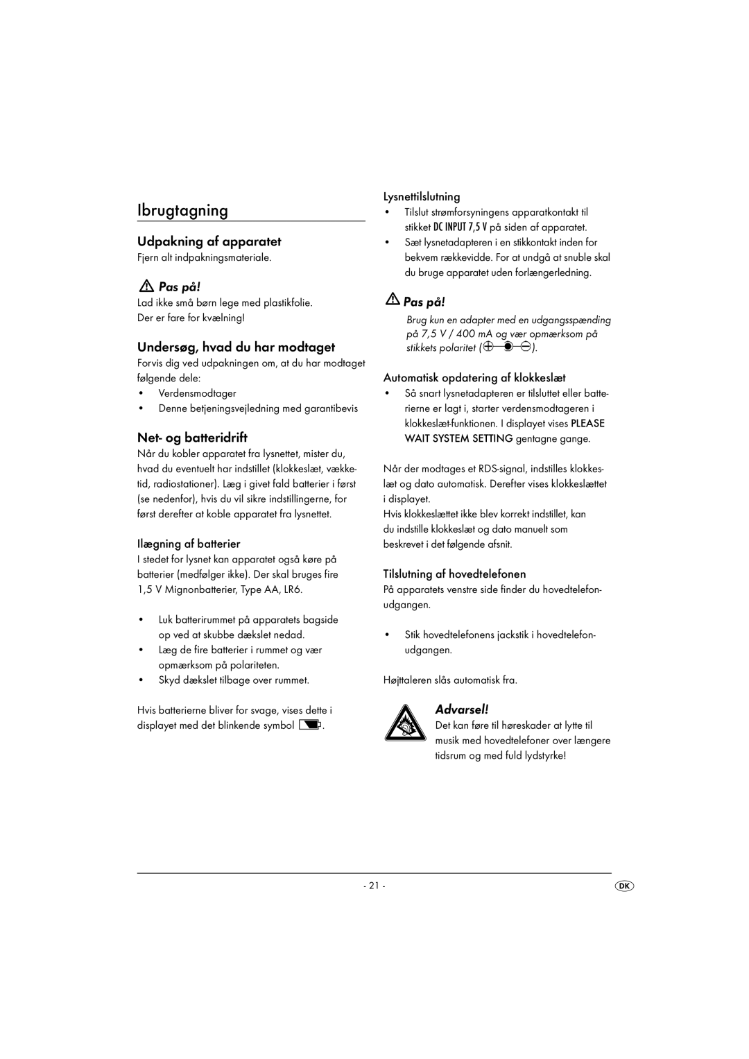 Silvercrest KH 2029 manual Ibrugtagning, Udpakning af apparatet, Undersøg, hvad du har modtaget, Net- og batteridrift 