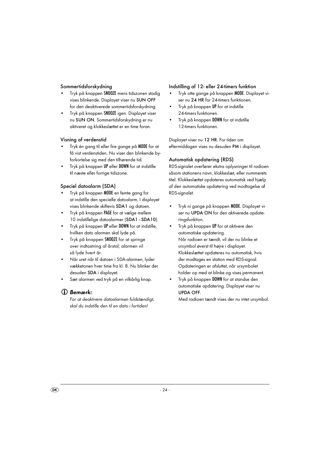 Silvercrest KH 2029 manual Sommertidsforskydning, Visning af verdenstid, Speciel datoalarm SDA, Automatisk opdatering RDS 