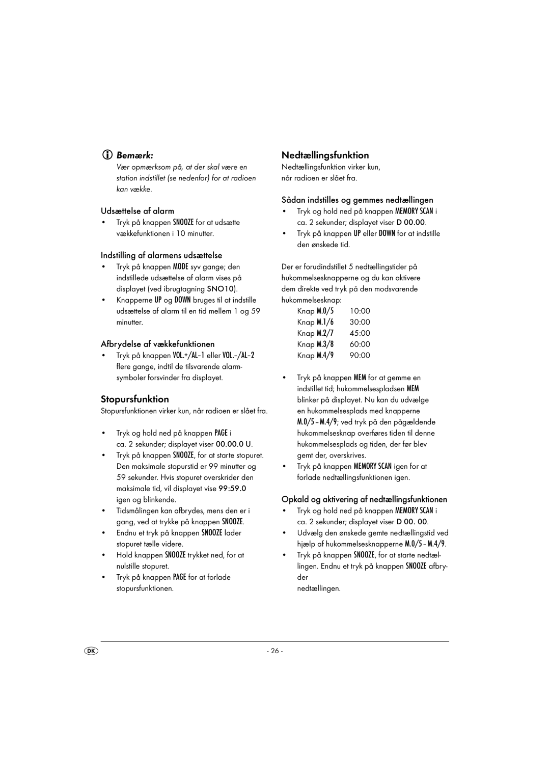 Silvercrest KH 2029 manual Stopursfunktion, Nedtællingsfunktion 