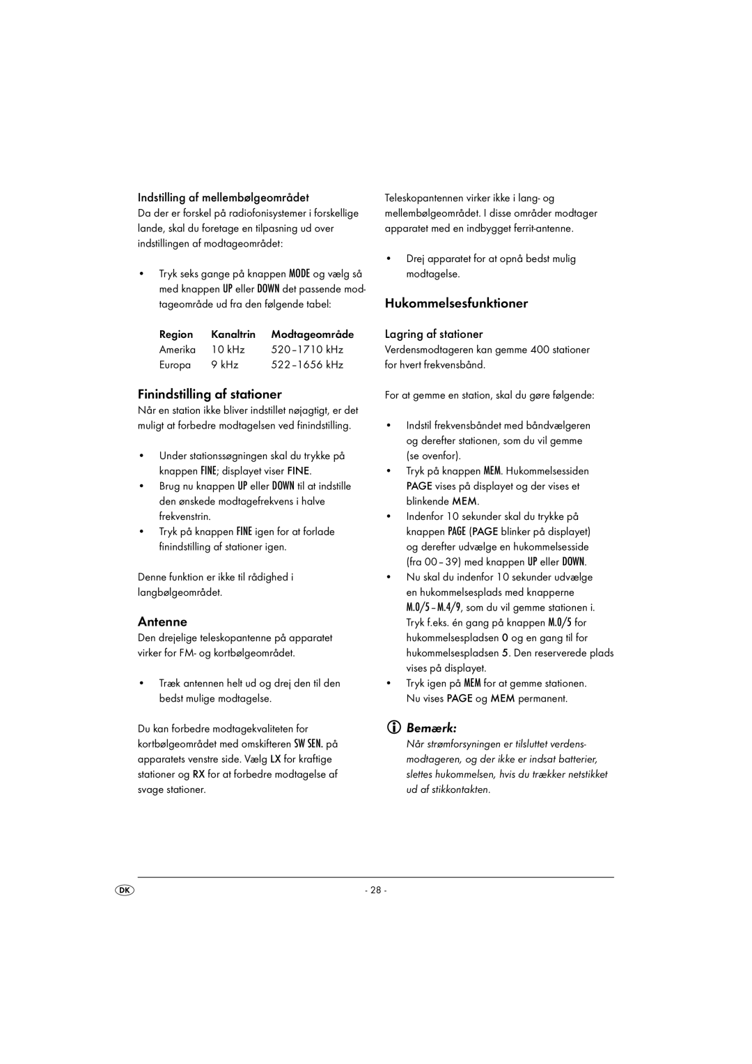 Silvercrest KH 2029 manual Finindstilling af stationer, Antenne, Hukommelsesfunktioner, Indstilling af mellembølgeområdet 