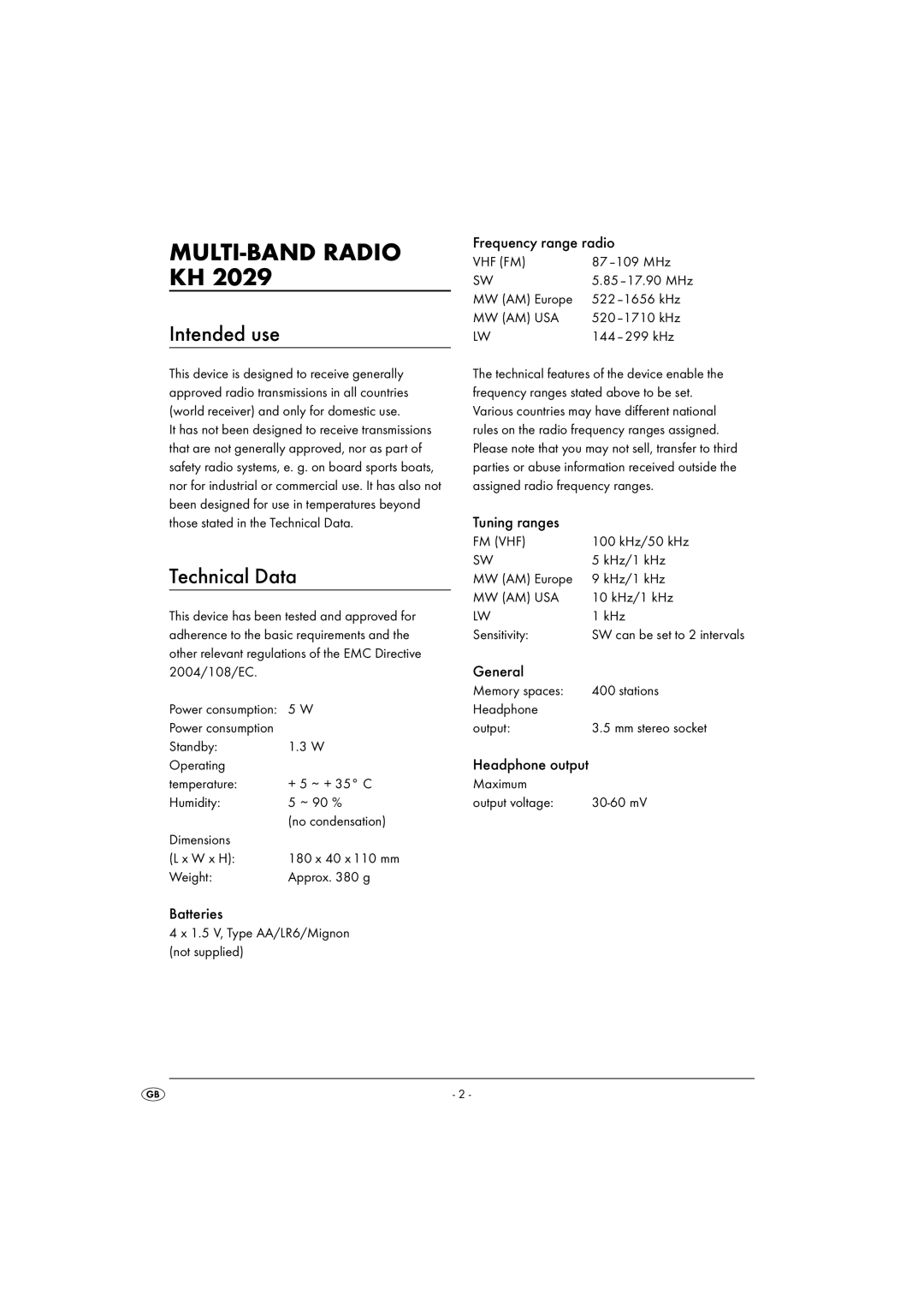 Silvercrest KH 2029 manual Intended use, Technical Data 