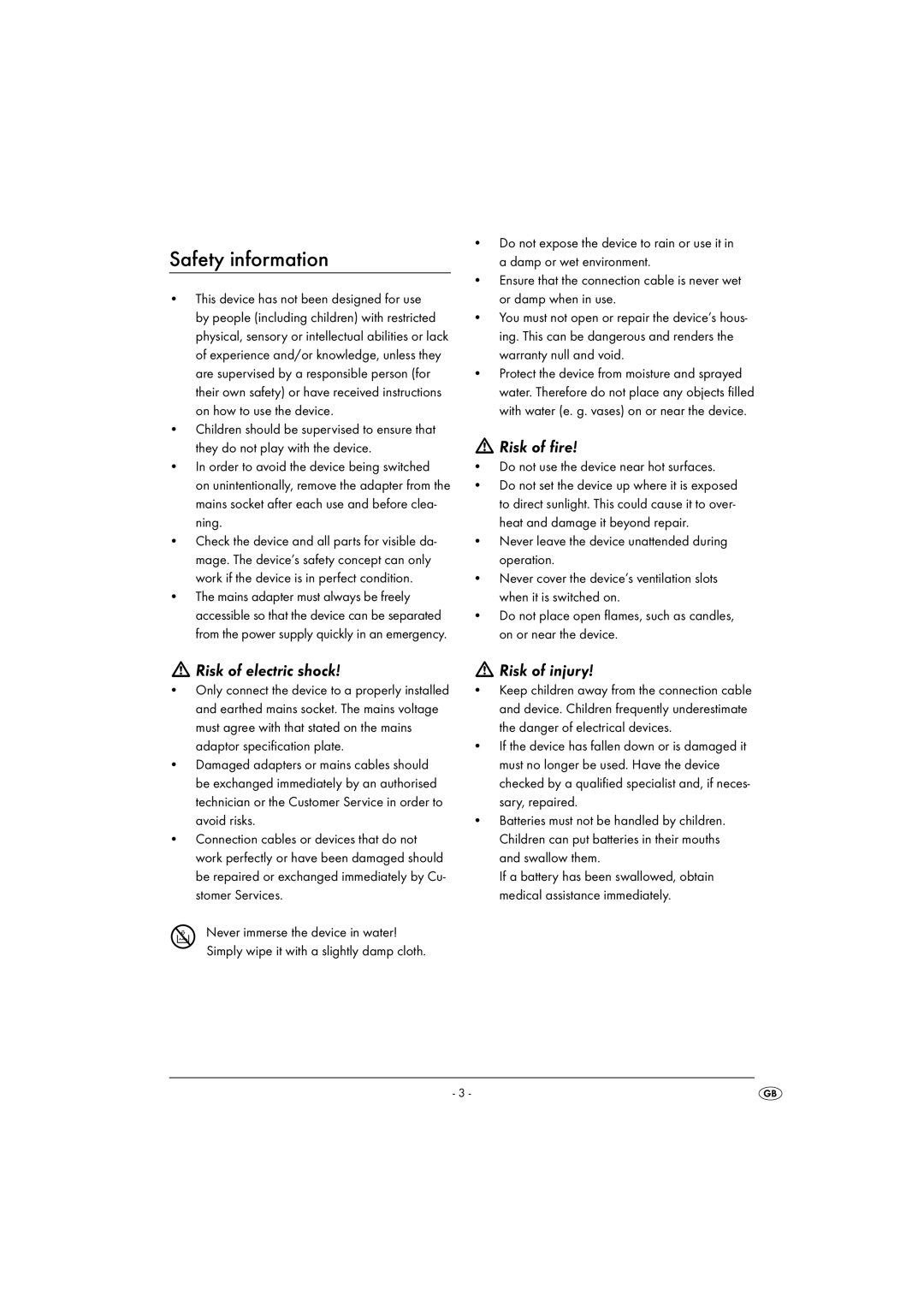 Silvercrest KH 2029 manual Safety information, Risk of fire, Risk of electric shock, Risk of injury 