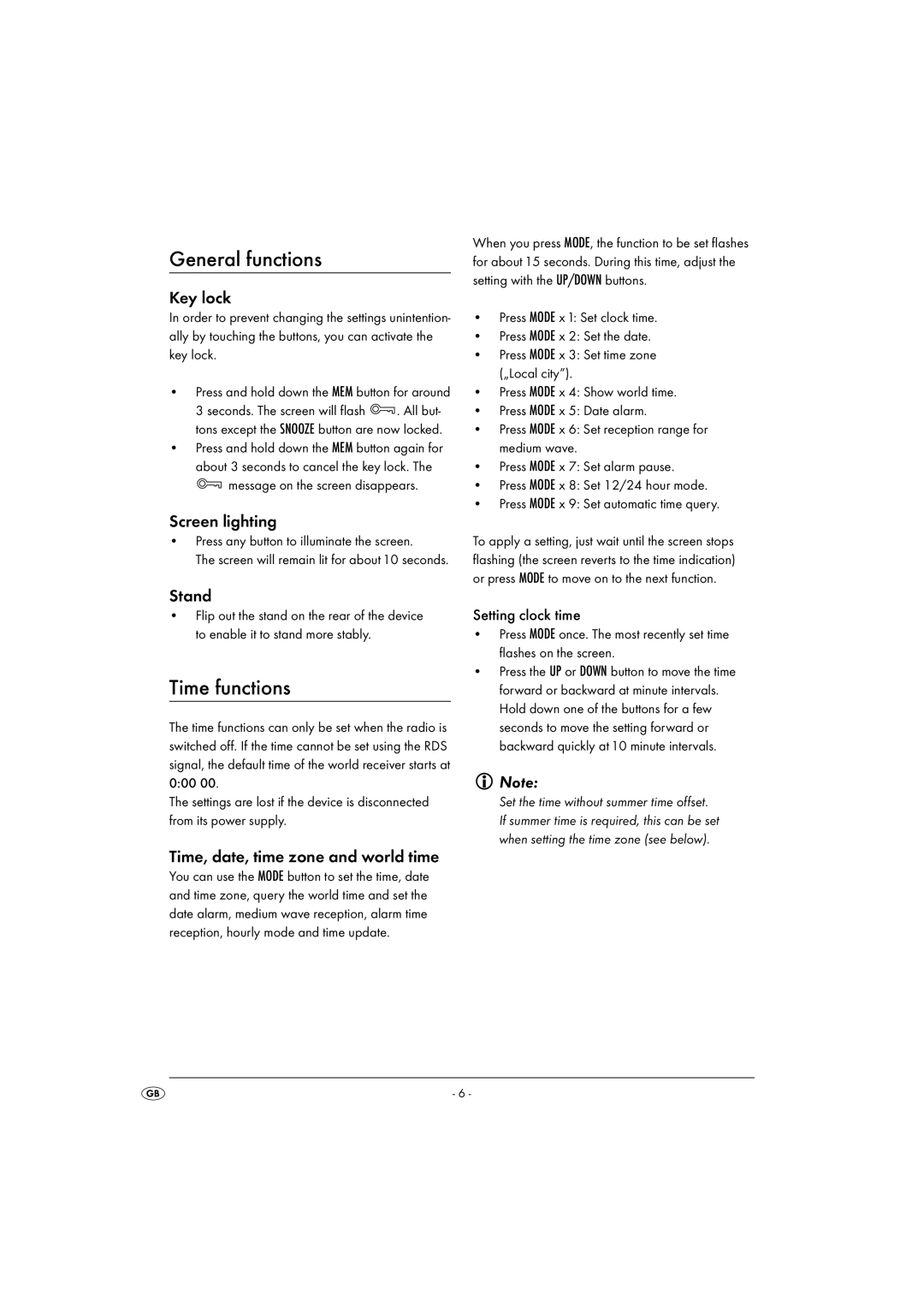 Silvercrest KH 2029 manual General functions, Time functions 