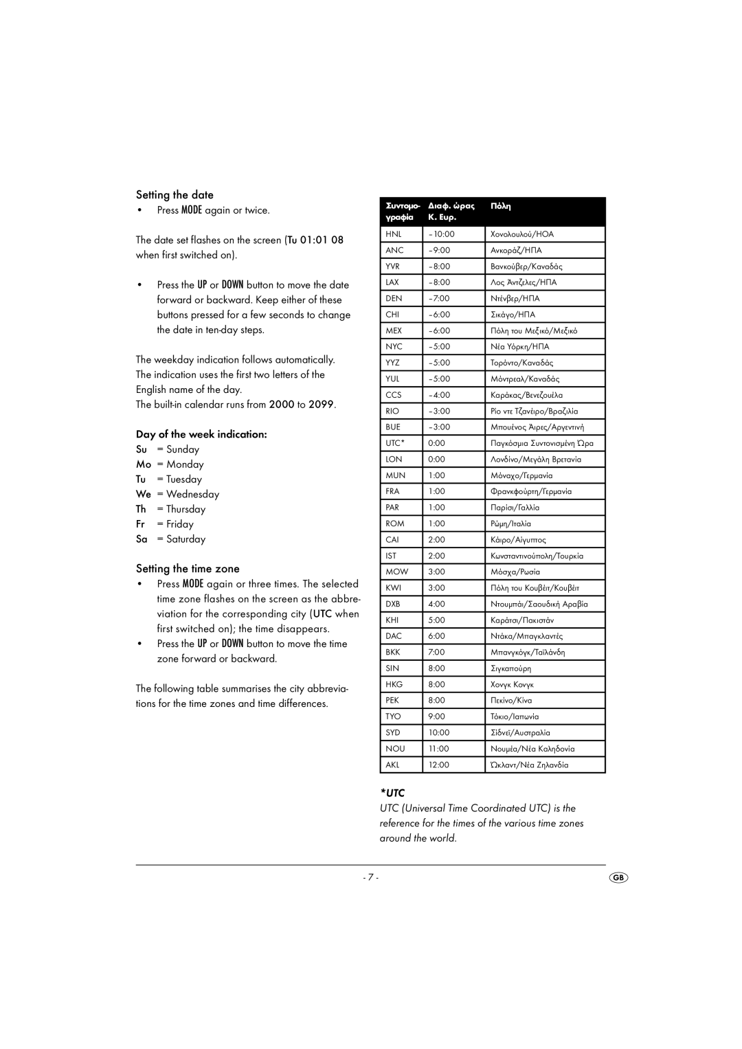 Silvercrest KH 2029 manual Setting the date, Setting the time zone 