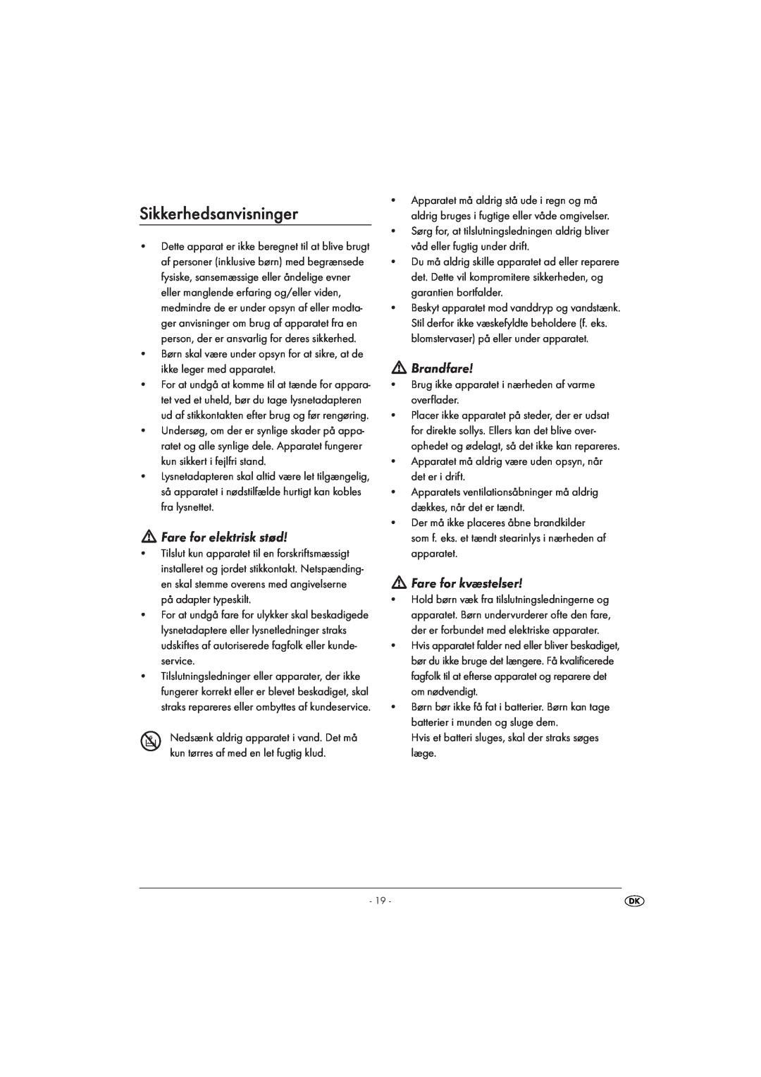 Silvercrest KH 2029 manual Sikkerhedsanvisninger, Fare for elektrisk stød, Brandfare, Fare for kvæstelser 
