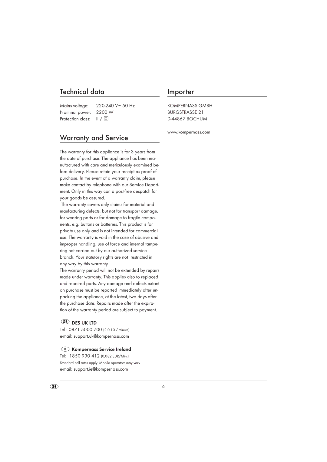 Silvercrest KH 2115 operating instructions Technical data Importer, Warranty and Service 