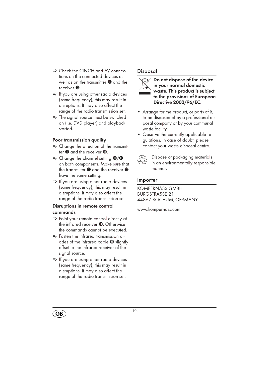 Silvercrest KH 2130-06/09-V3 manual Disposal, Importer, Disruptions in remote control commands 