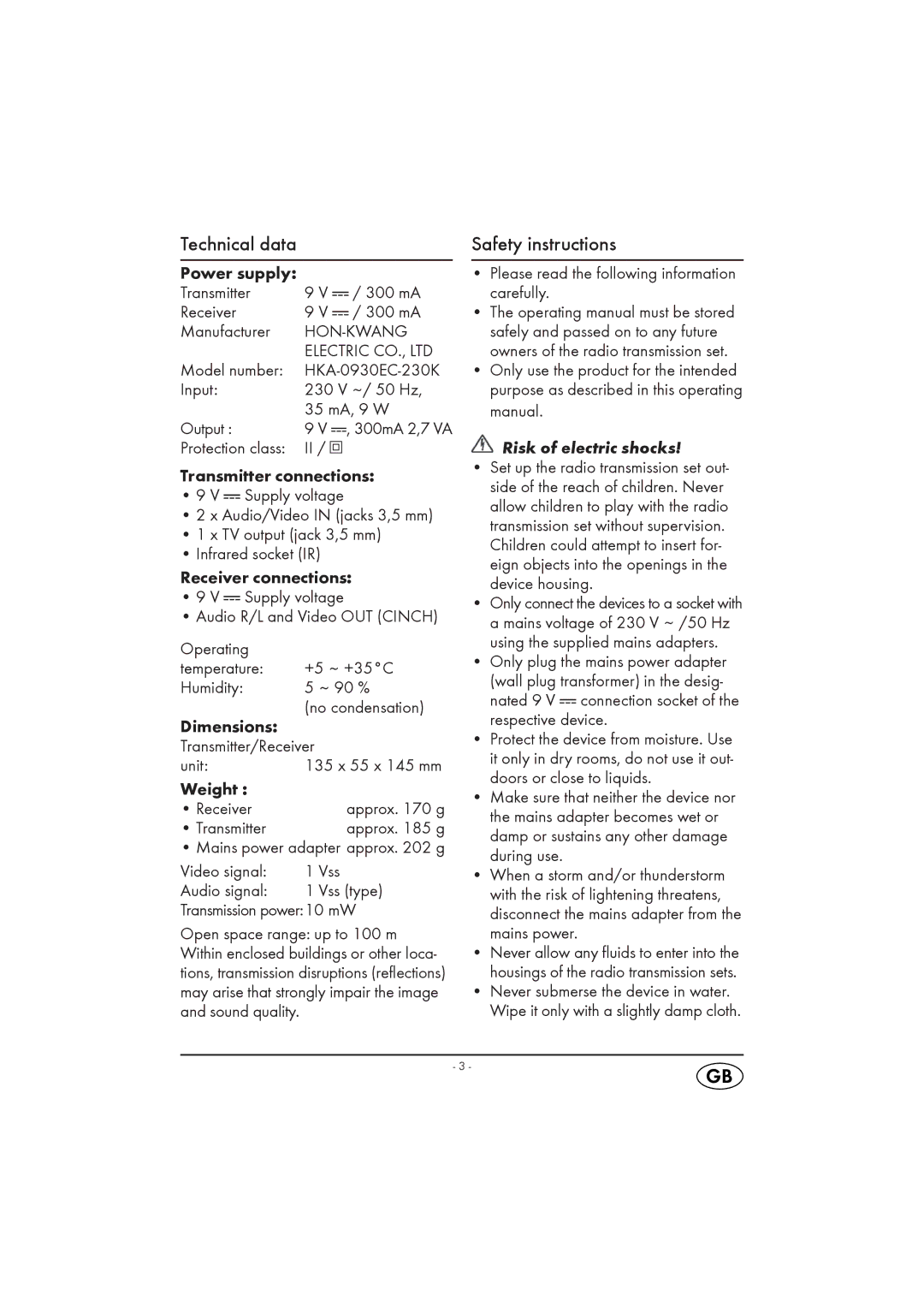 Silvercrest KH 2130-06/09-V3 manual Technical data, Safety instructions, Risk of electric shocks 