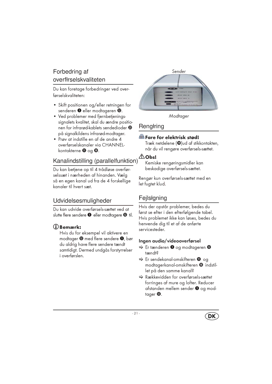 Silvercrest KH 2130 manual Forbedring af overførselskvaliteten, Kanalindstilling parallelfunktion, Rengøring, Fejlsøgning 