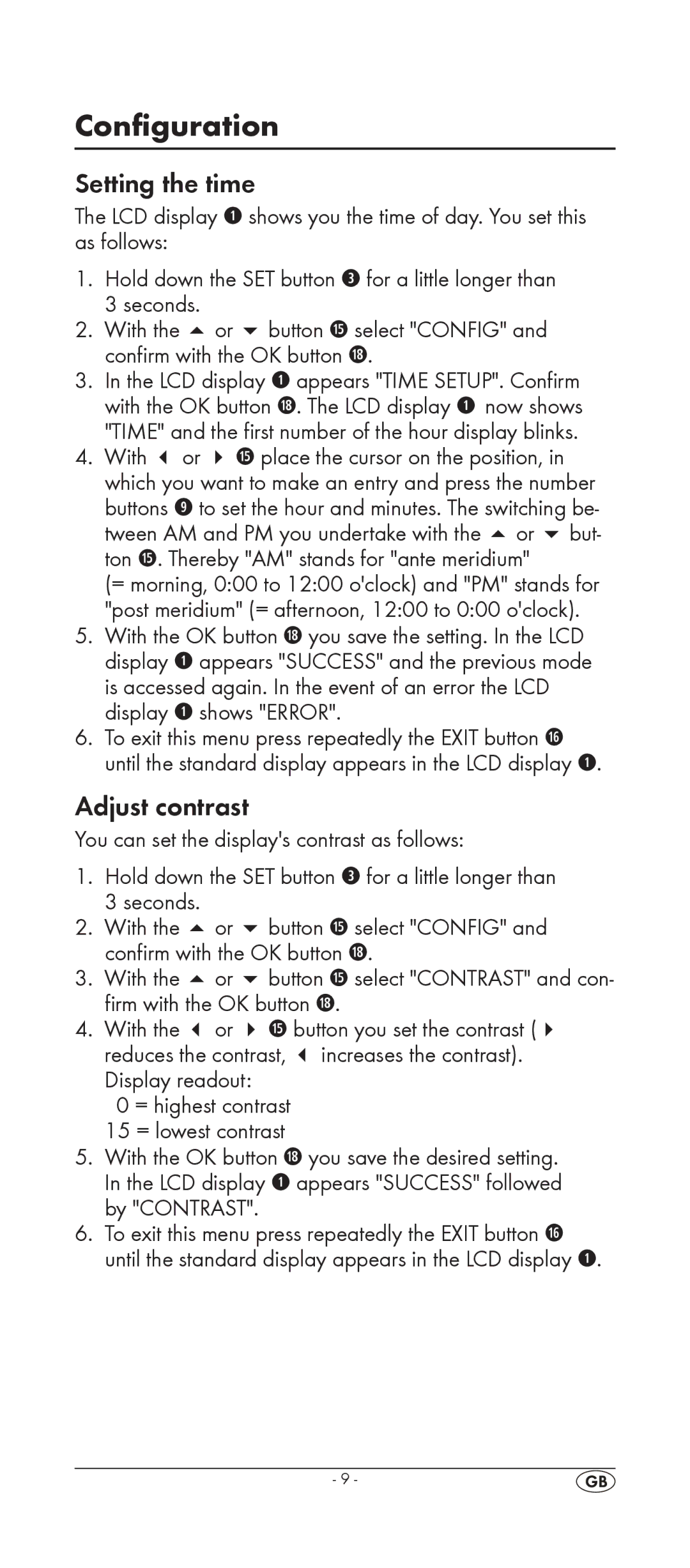 Silvercrest KH 2155 manual Configuration, Setting the time, Adjust contrast 