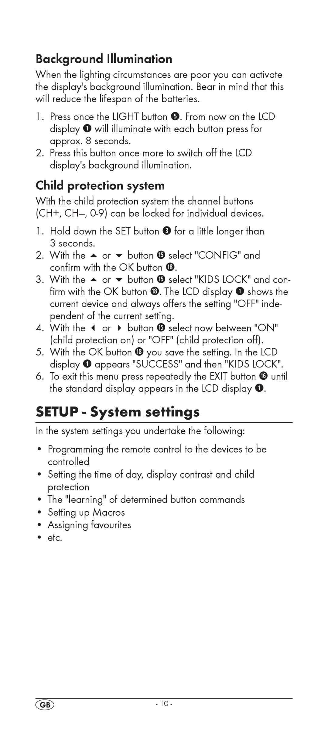 Silvercrest KH 2155 manual Setup System settings, Background Illumination, Child protection system 