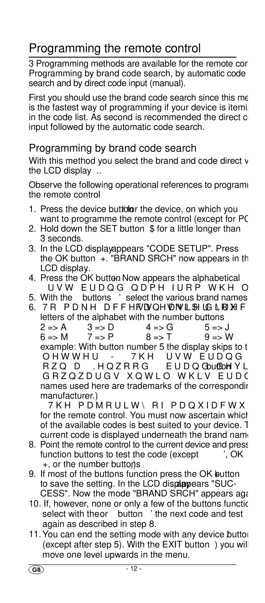 Silvercrest KH 2155 manual Programming the remote control, Programming by brand code search, = a = D = G = J = M = P = T 