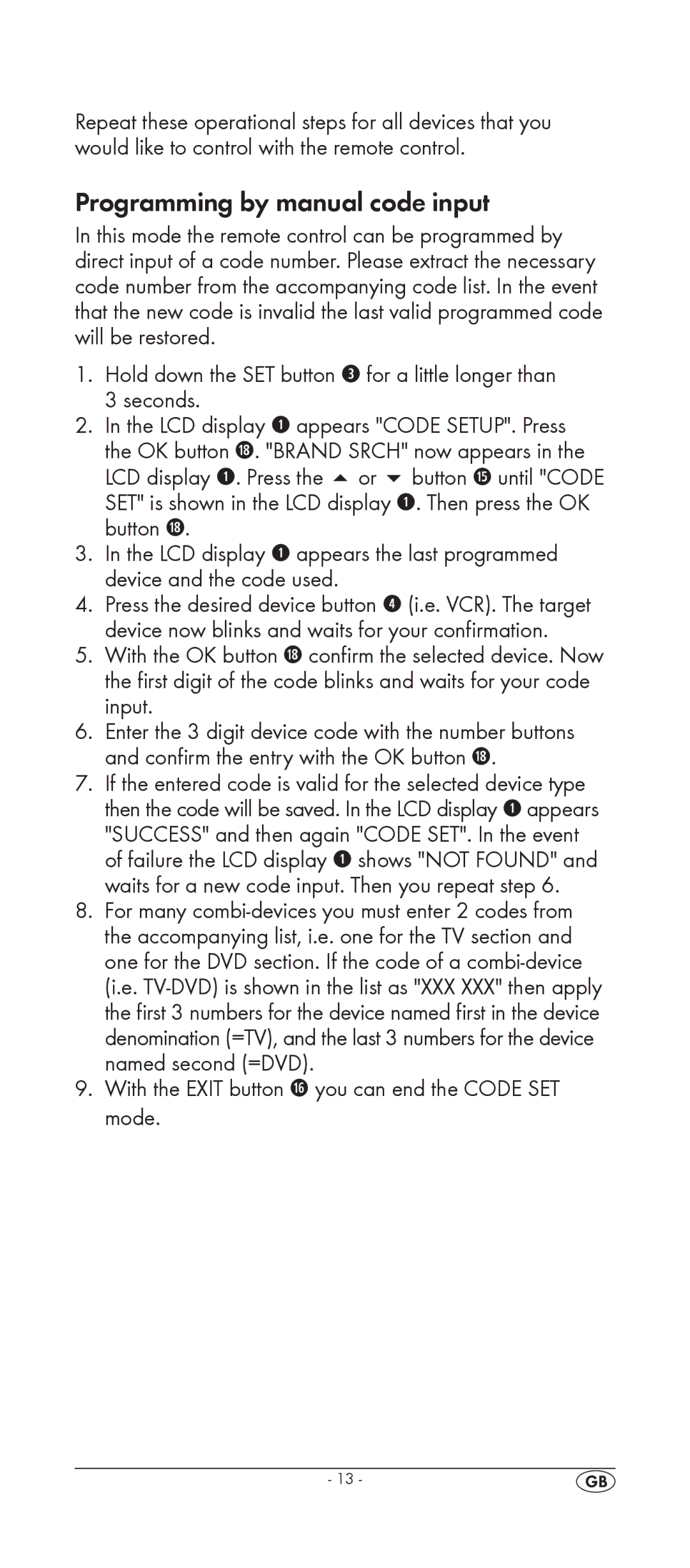 Silvercrest KH 2155 Programming by manual code input, With the Exit button j you can end the Code SET mode 