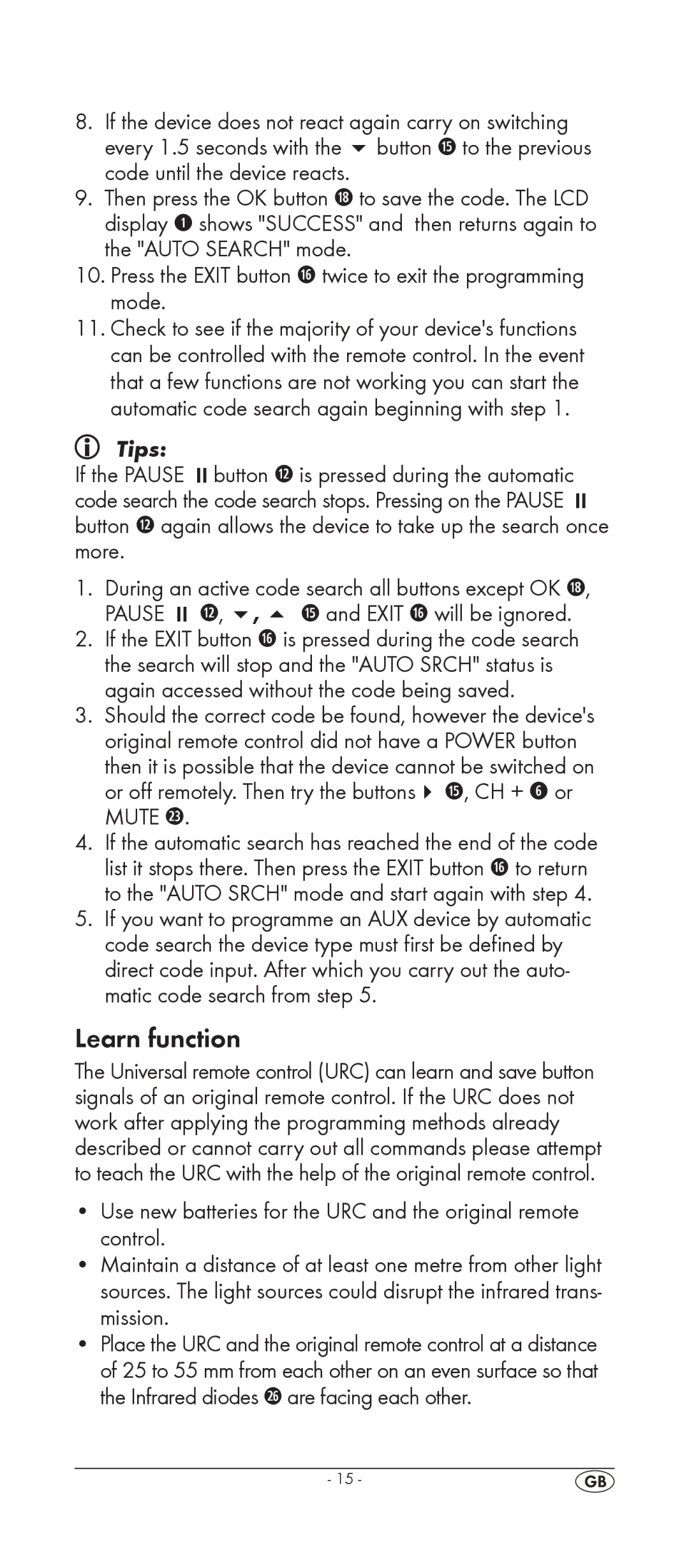 Silvercrest KH 2155 manual Learn function, Press the Exit button j twice to exit the programming mode 