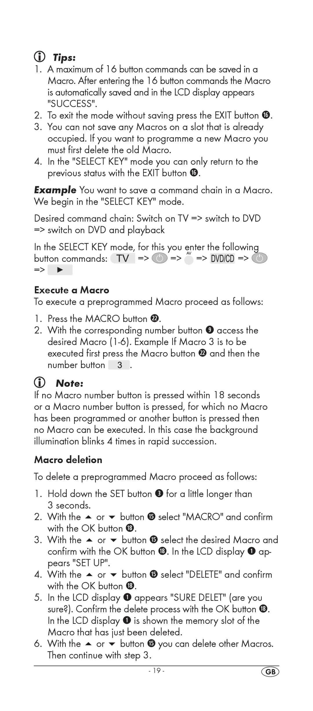 Silvercrest KH 2155 manual Button commands = = = = = Execute a Macro, Press the Macro button 2@, Number button 