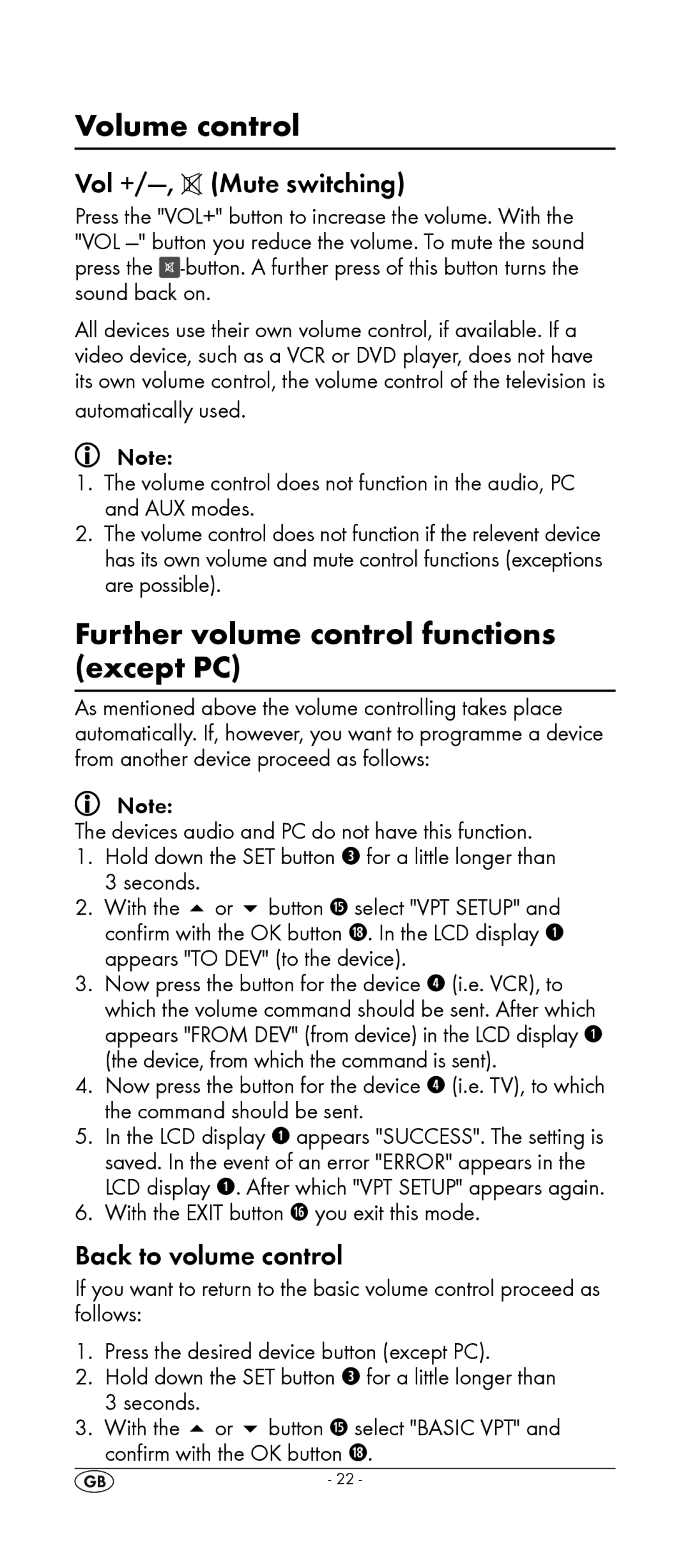 Silvercrest KH 2155 manual Volume control, Further volume control functions except PC, Vol +/-, Mute switching 