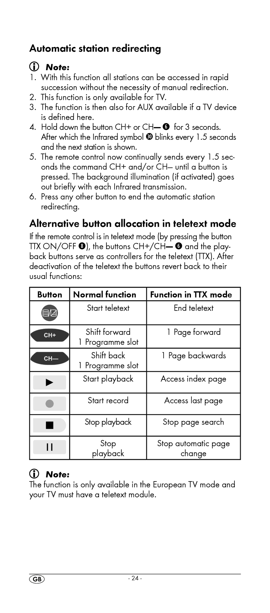 Silvercrest KH 2155 manual Automatic station redirecting, Alternative button allocation in teletext mode 