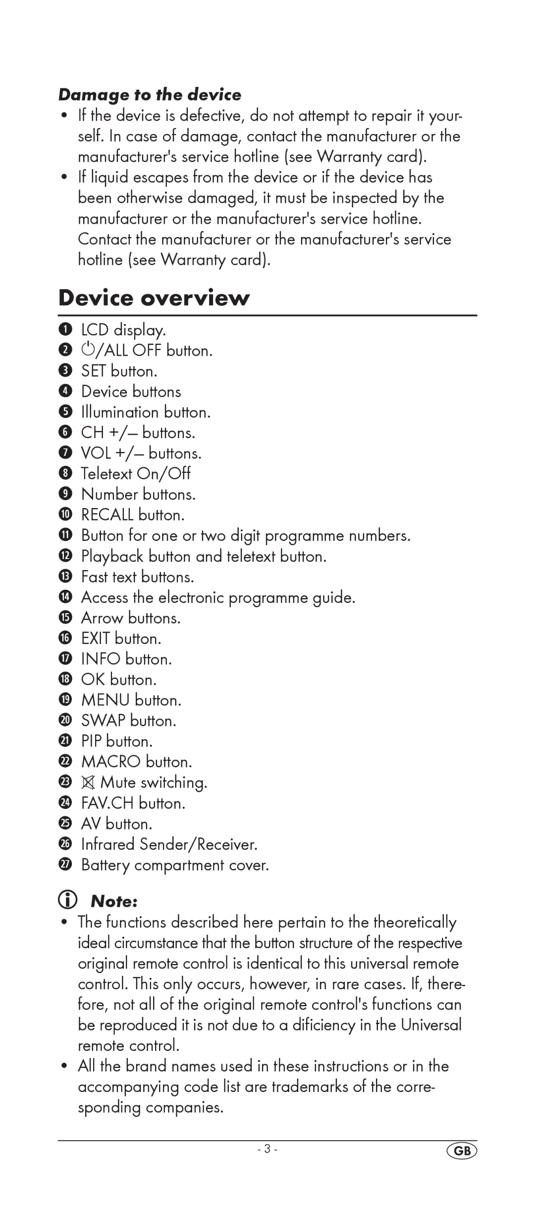 Silvercrest KH 2155 manual Device overview, Device buttons, $ FAV.CH button AV button 