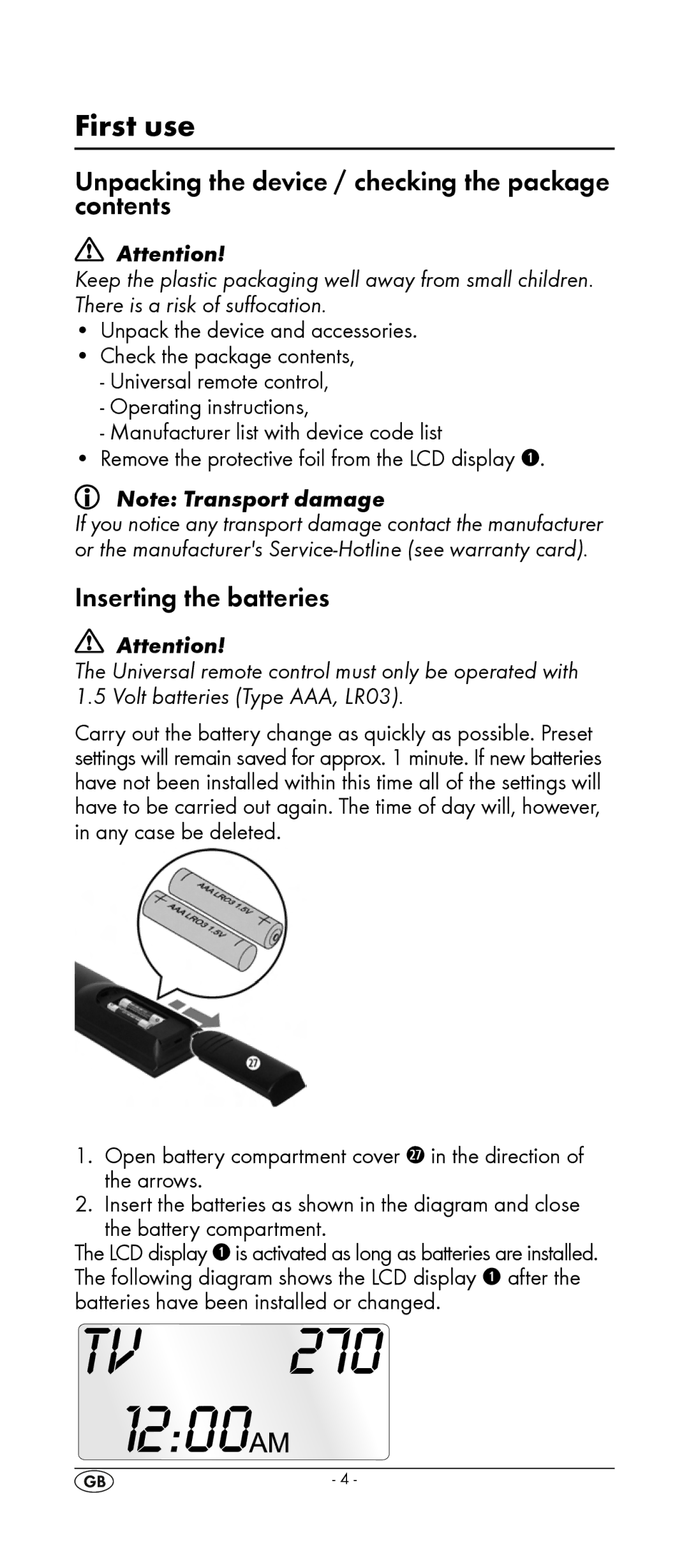 Silvercrest KH 2155 manual First use, Unpacking the device / checking the package contents, Inserting the batteries 