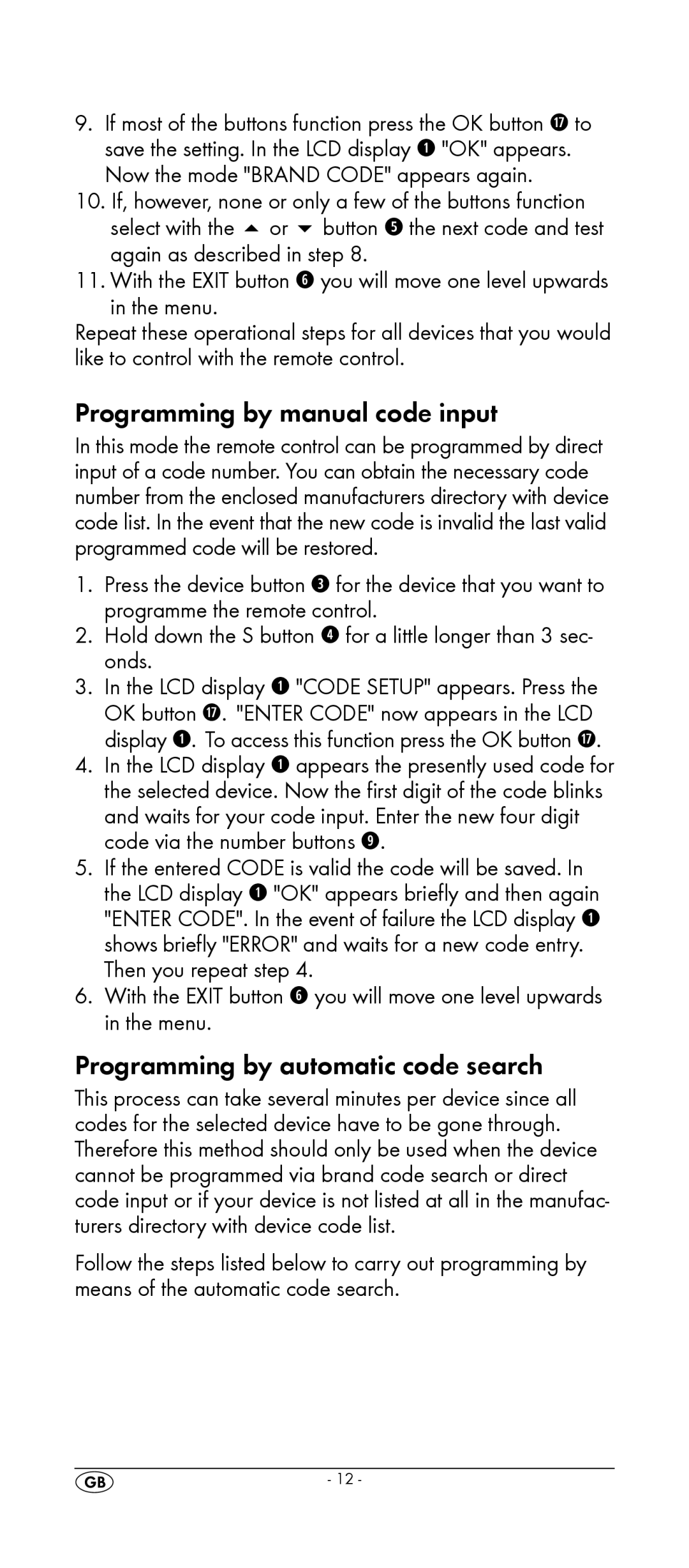 Silvercrest KH 2157 Programming by manual code input, Programming by automatic code search 