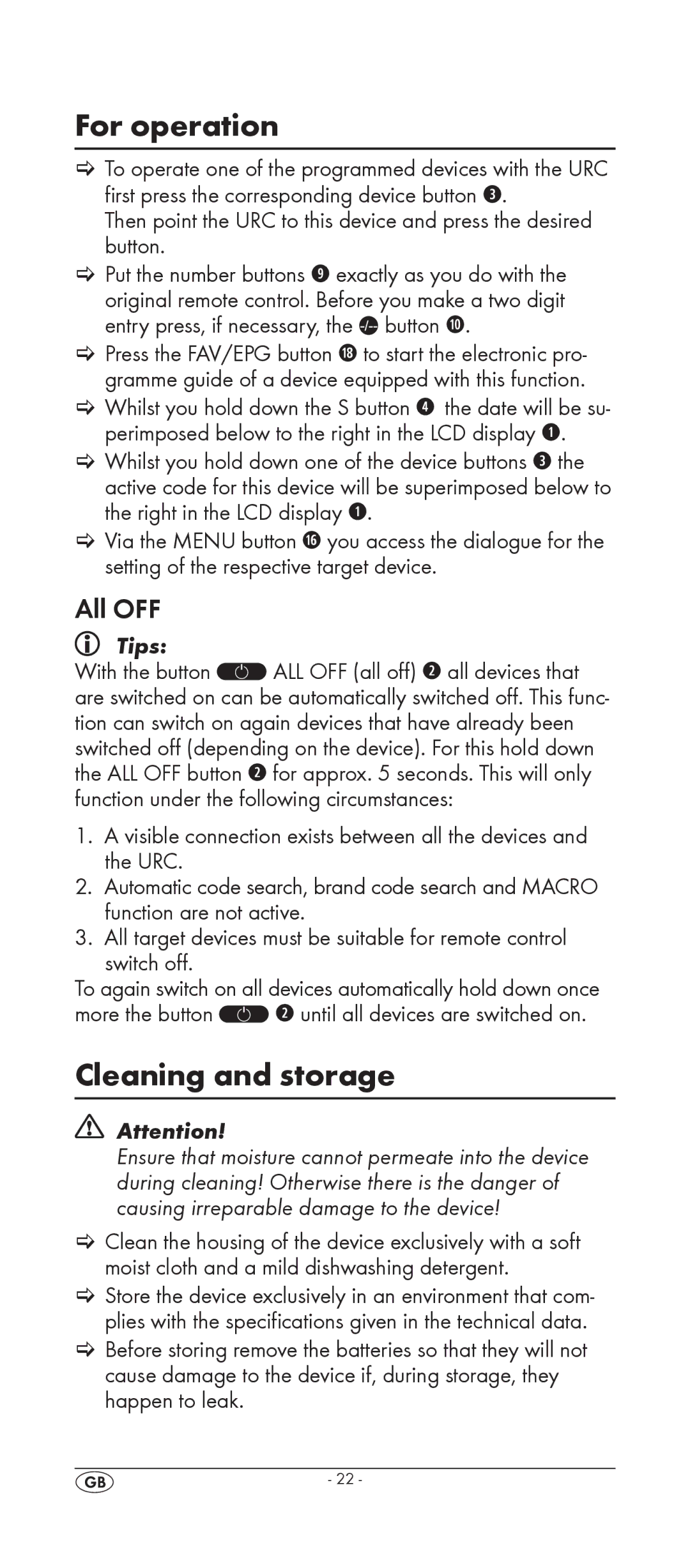 Silvercrest KH 2157 manual For operation, Cleaning and storage, All OFF 