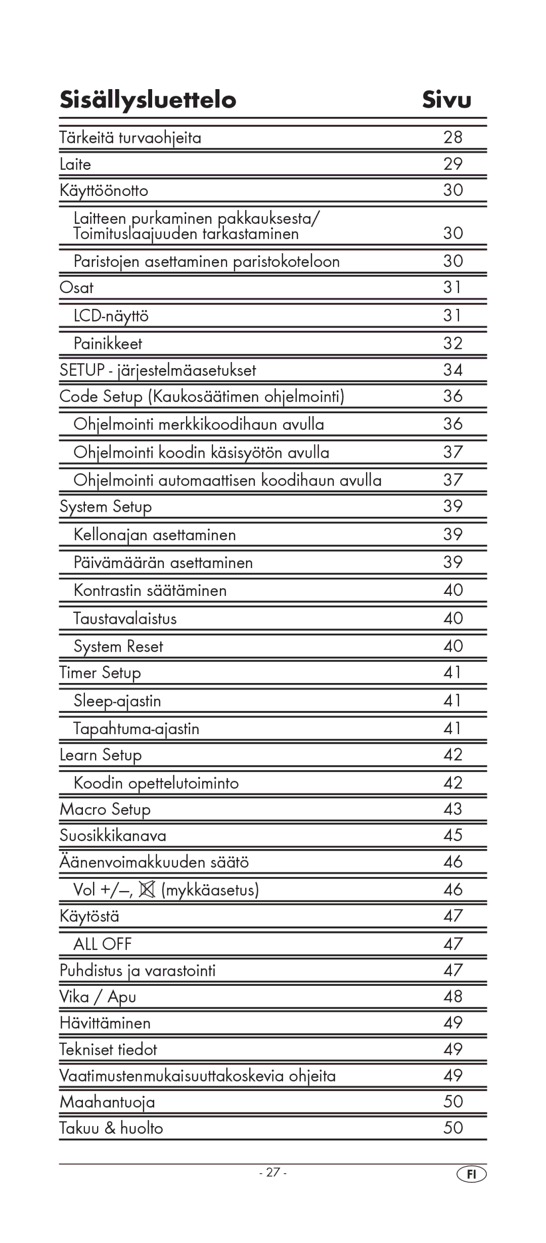 Silvercrest KH 2157 manual Sisällysluettelo Sivu, All Off 