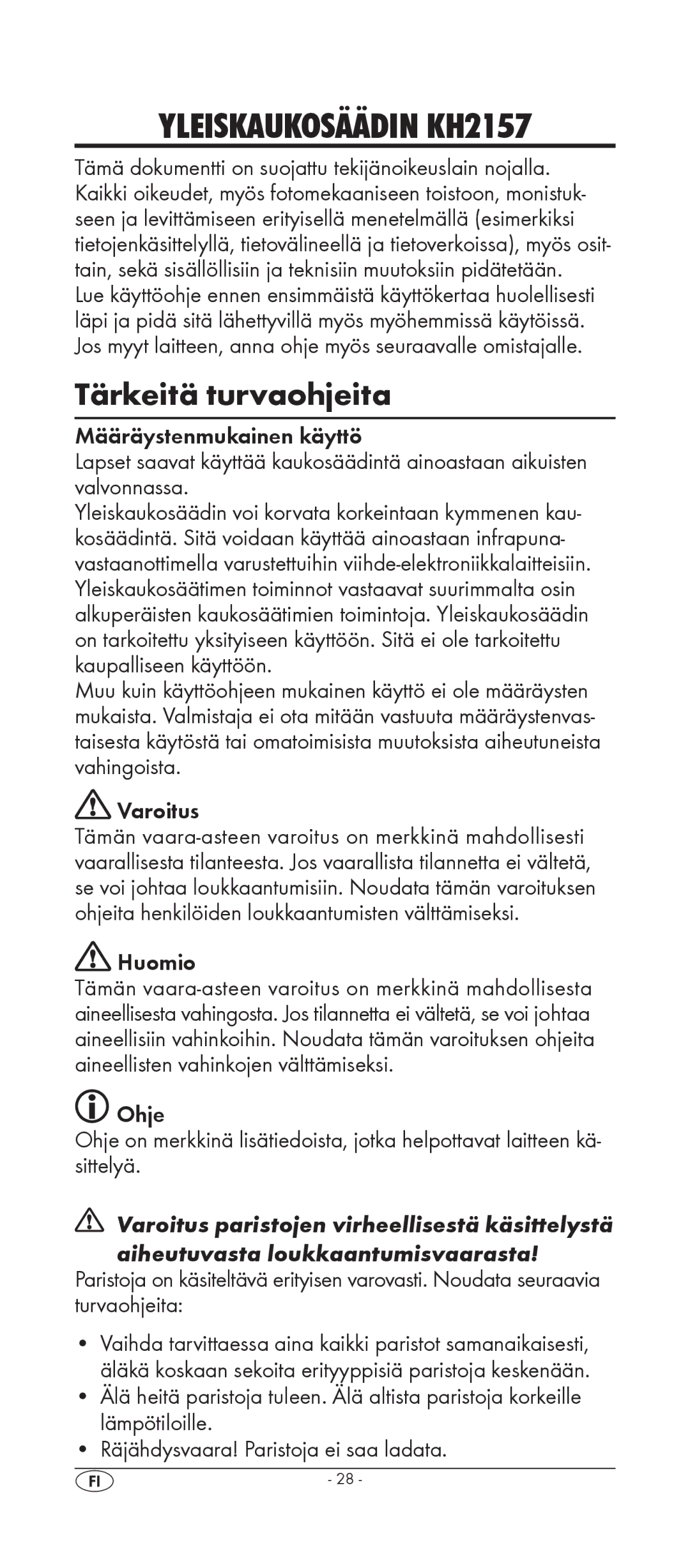 Silvercrest KH 2157 manual Tärkeitä turvaohjeita, Varoitus, Huomio 