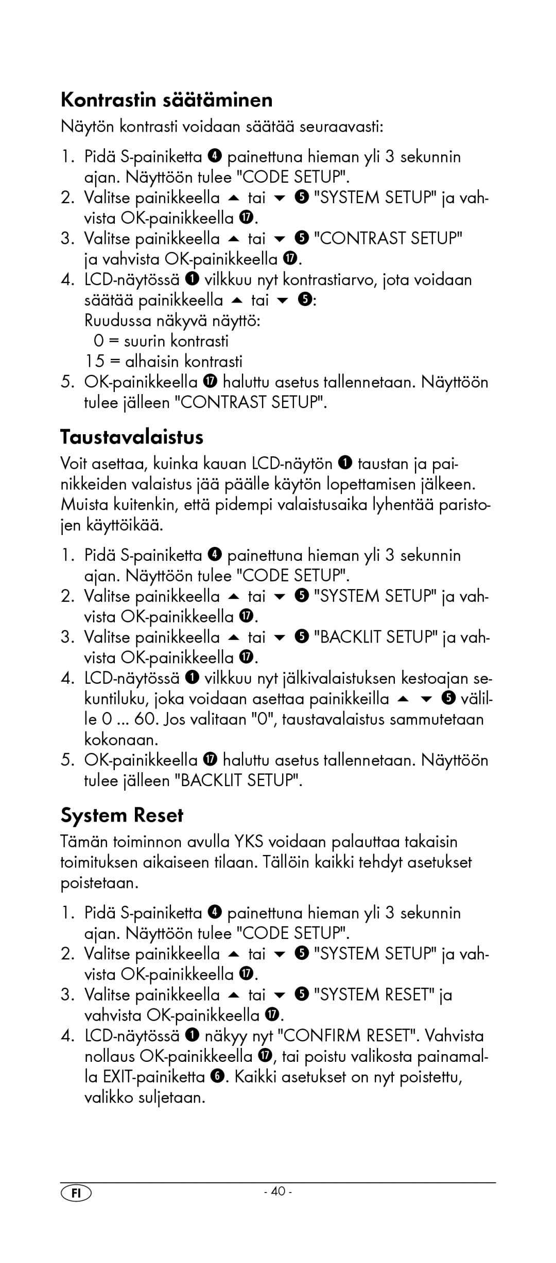 Silvercrest KH 2157 manual Kontrastin säätäminen, Taustavalaistus, Näytön kontrasti voidaan säätää seuraavasti 