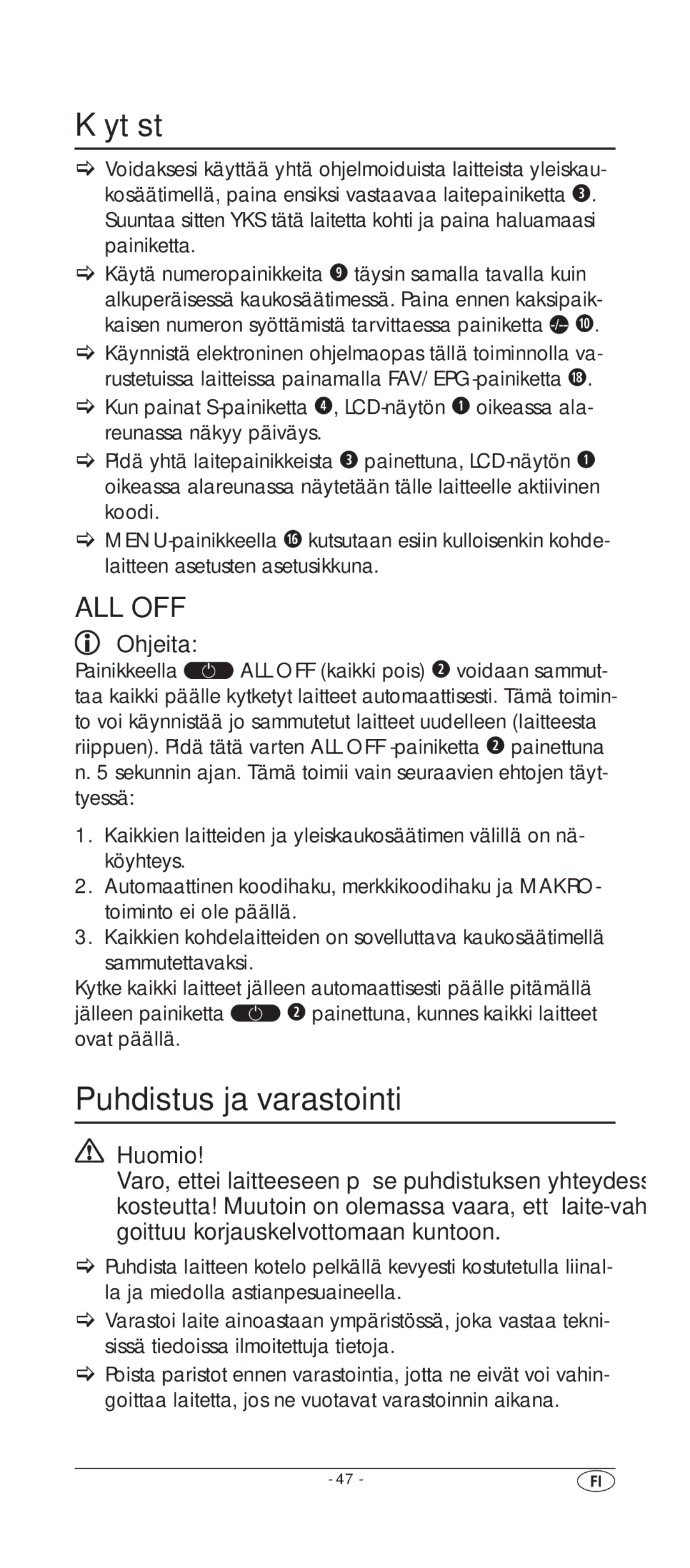 Silvercrest KH 2157 manual Käytöstä, Puhdistus ja varastointi, Painikkeella 