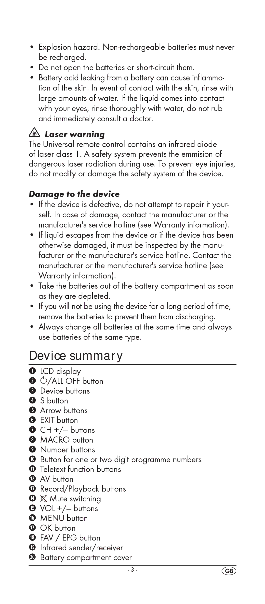 Silvercrest KH 2157 manual Device summary, Laser warning, Damage to the device 