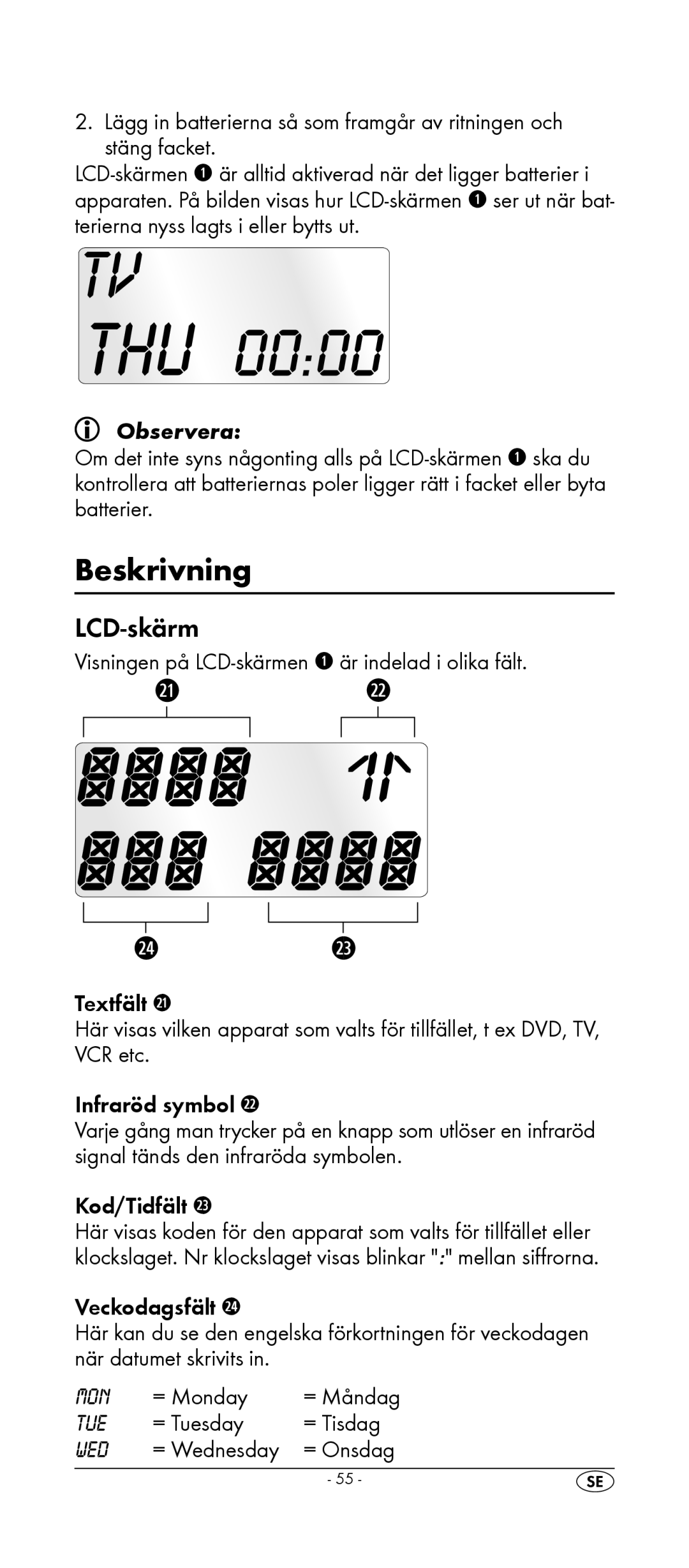 Silvercrest KH 2157 manual Beskrivning, LCD-skärm, = Monday = Måndag, = Tuesday = Tisdag, = Wednesday = Onsdag 