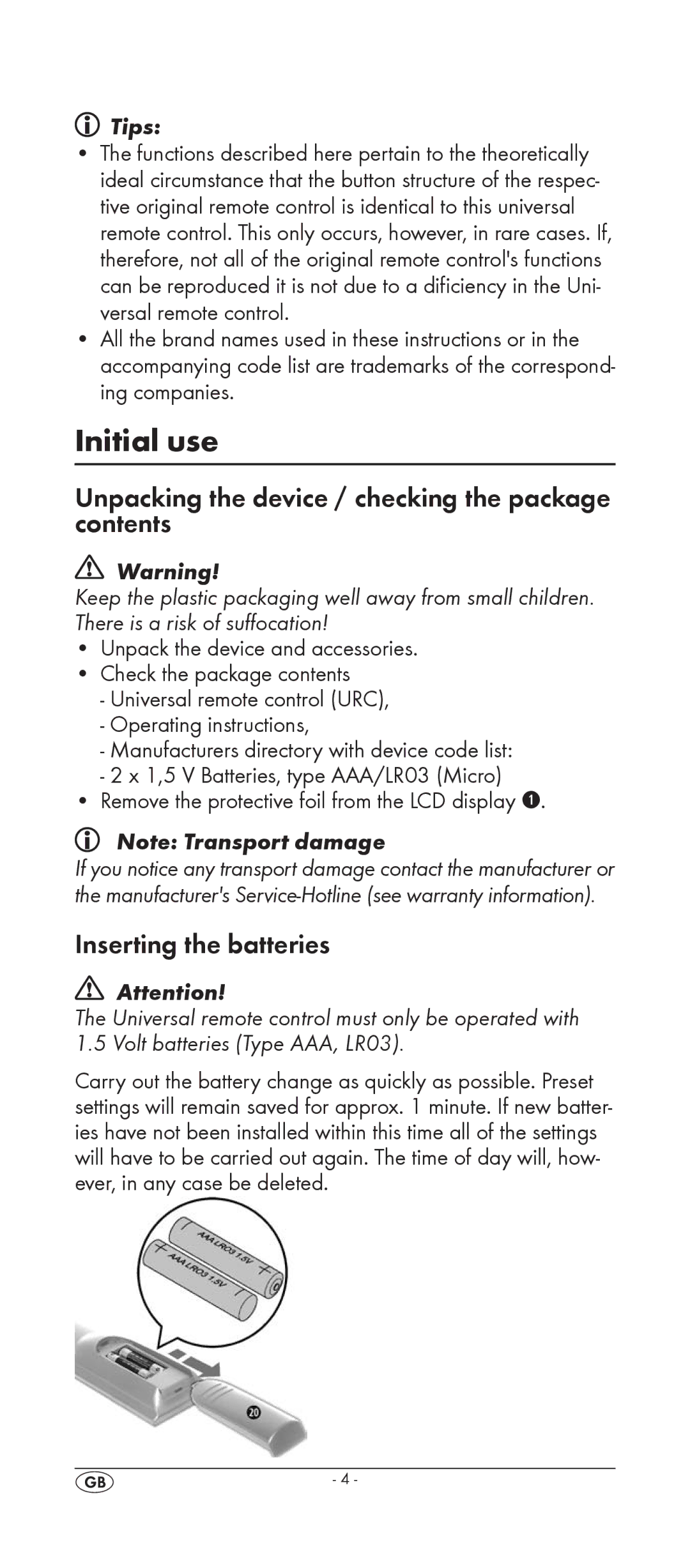 Silvercrest KH 2157 manual Initial use, Unpacking the device / checking the package contents, Inserting the batteries 